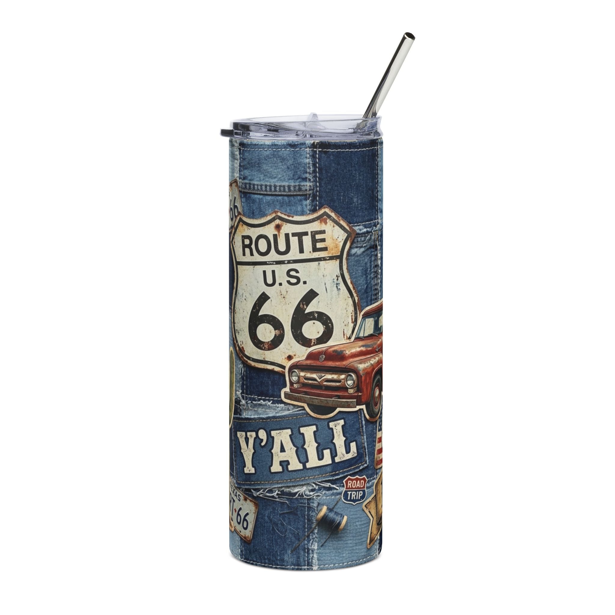 Route 66 Denim 20oz Stainless Steel Tumbler — Road Trip Travel Gift Cup for Travelers