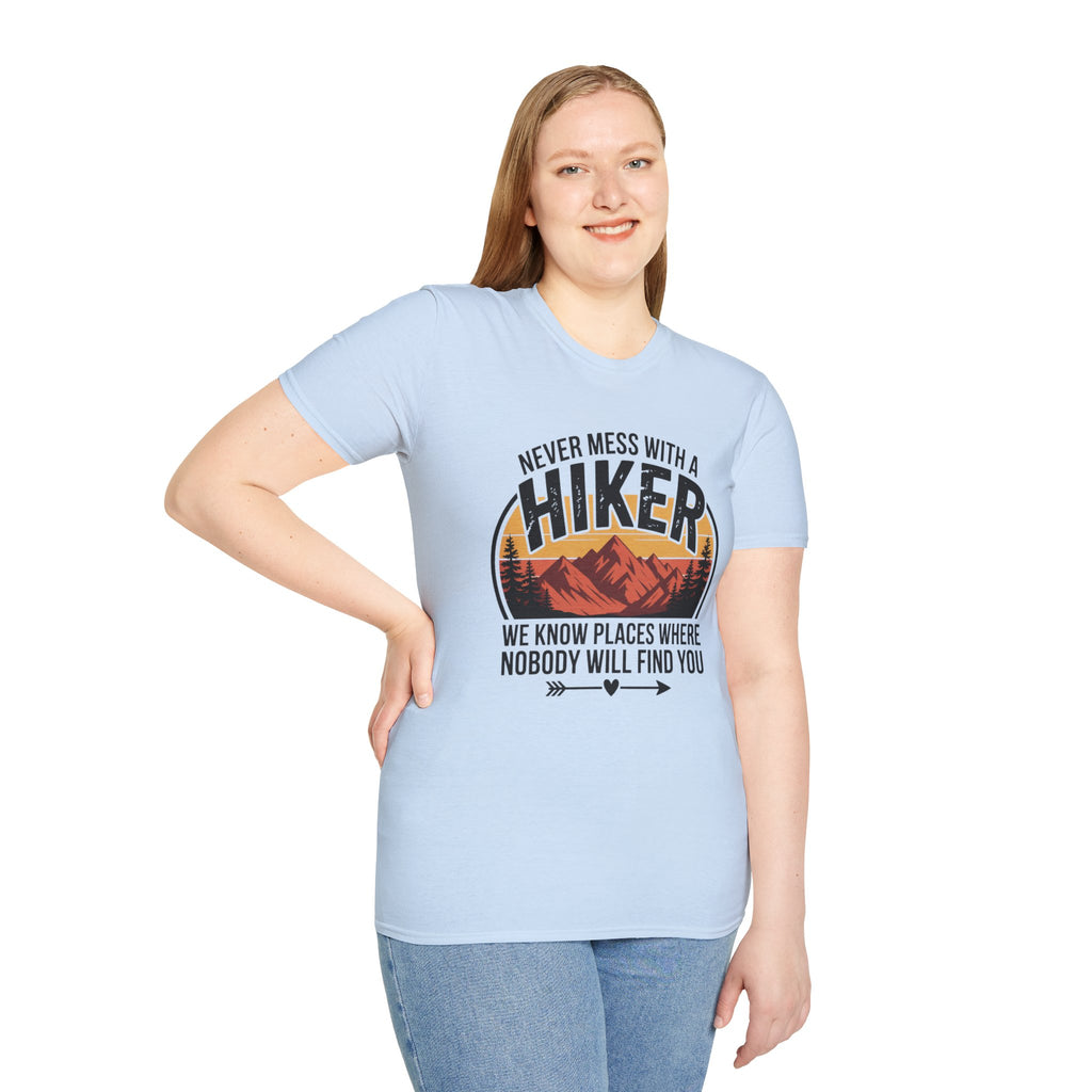Hiker T-Shirt — "Never Mess With a Hiker" Mountain Sunset Tee