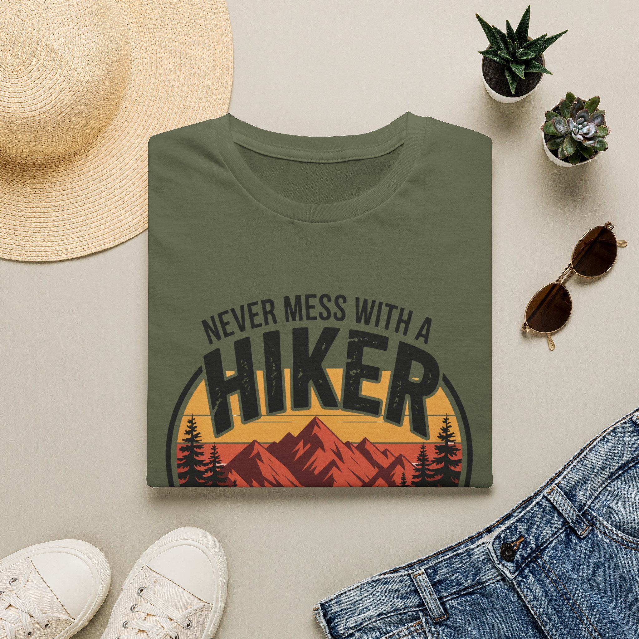 Hiker T-Shirt — "Never Mess With a Hiker" Mountain Sunset Tee