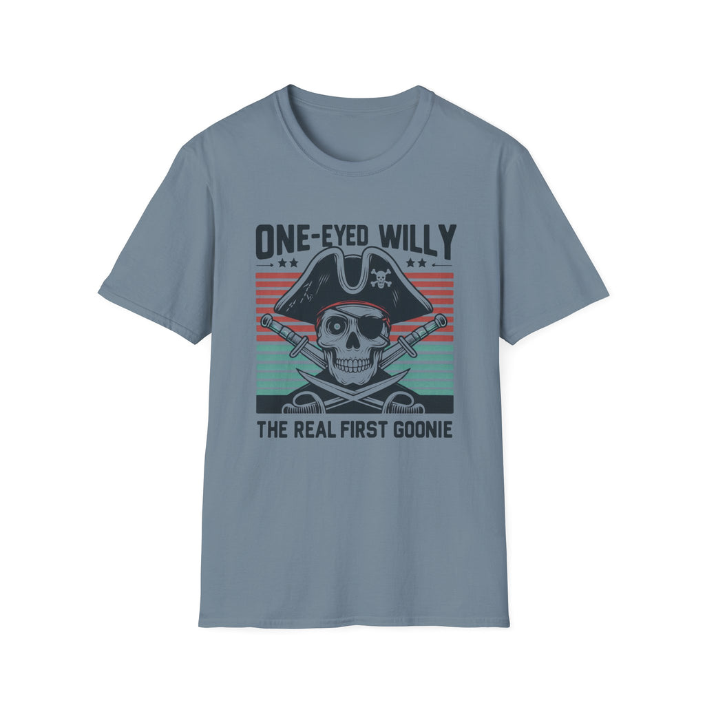 One-Eyed Willy Skull T-Shirt — Vintage Pirate 'The Real First Goonie' Tee