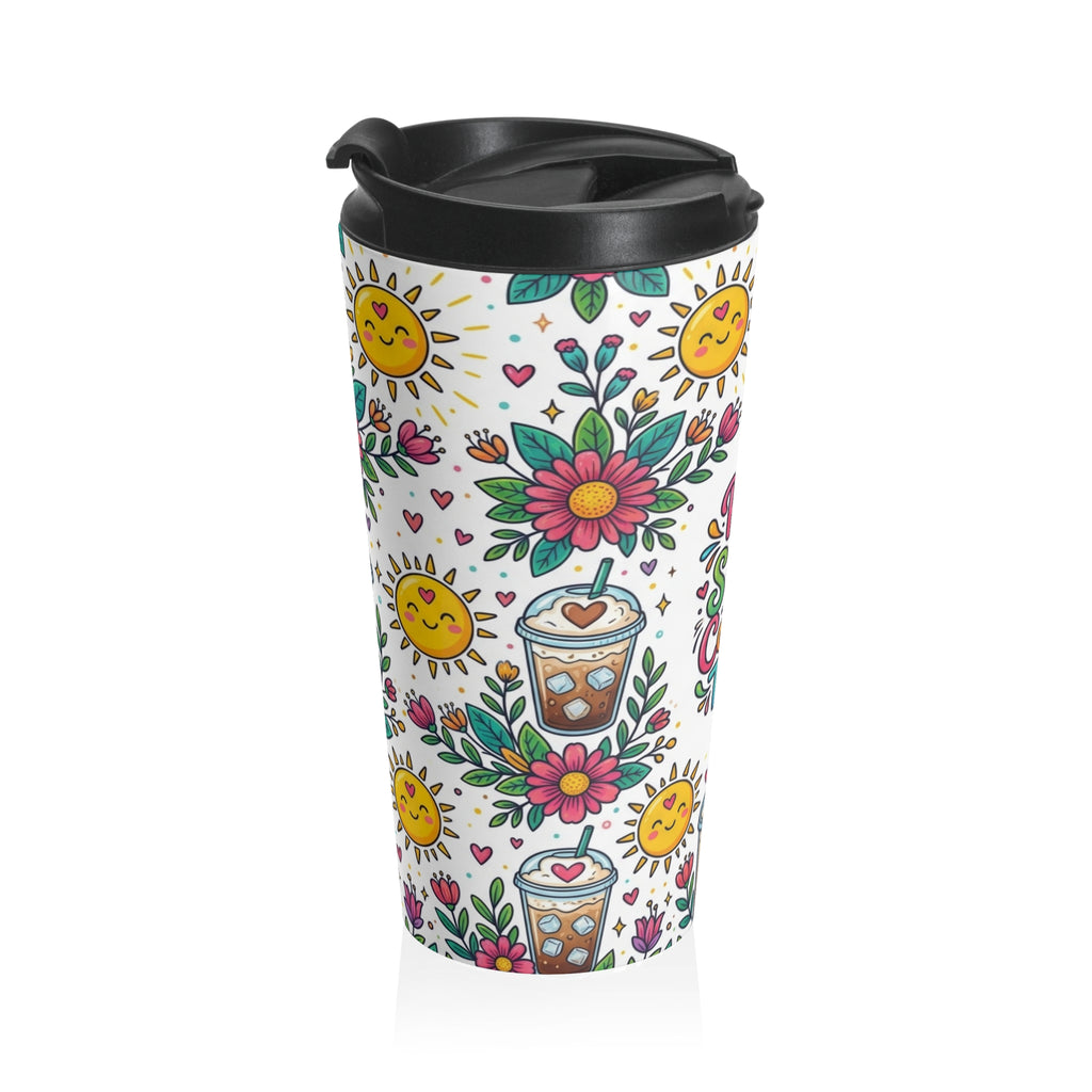 A white travel tumbler with a black lid, decorated with a colorful cartoon pattern of smiling suns, flowers, leaves, and iced coffee cups.