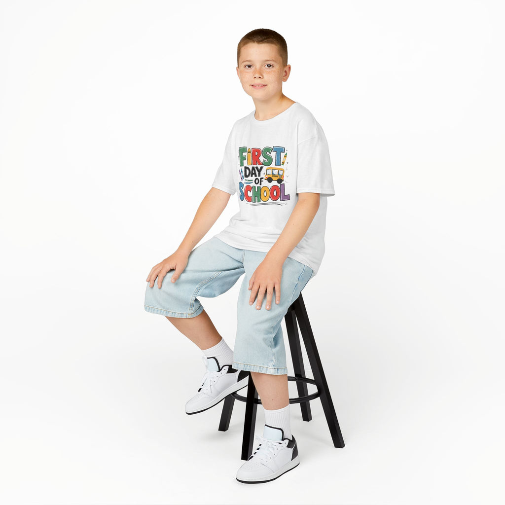 First Day of School Kids T-Shirt — Colorful Back-to-School Tee with School Bus Design