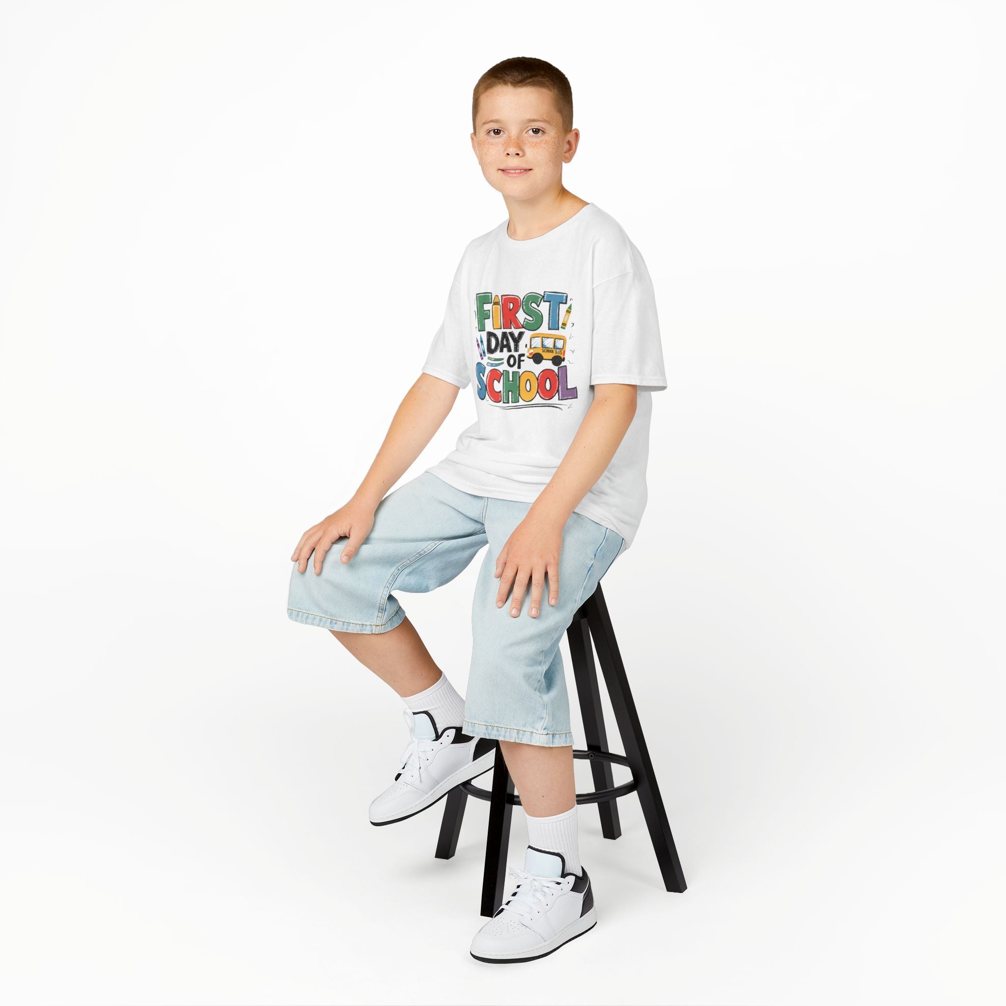 First Day of School Kids T-Shirt — Colorful Back-to-School Tee with School Bus Design