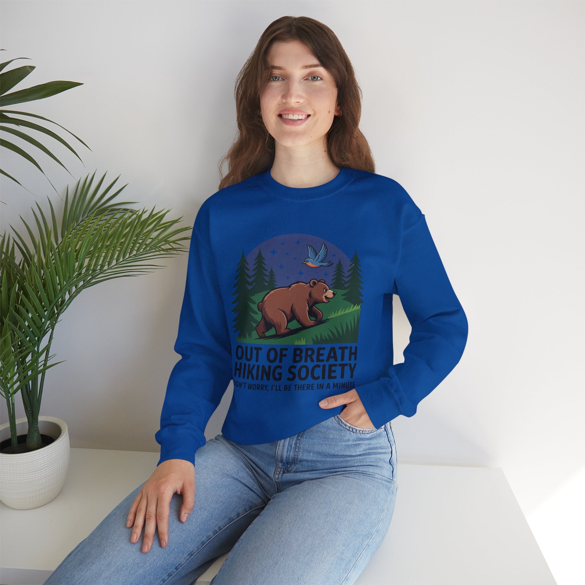 Out of Breath Hiking Society Crewneck Sweatshirt — Funny Bear Camping Graphic