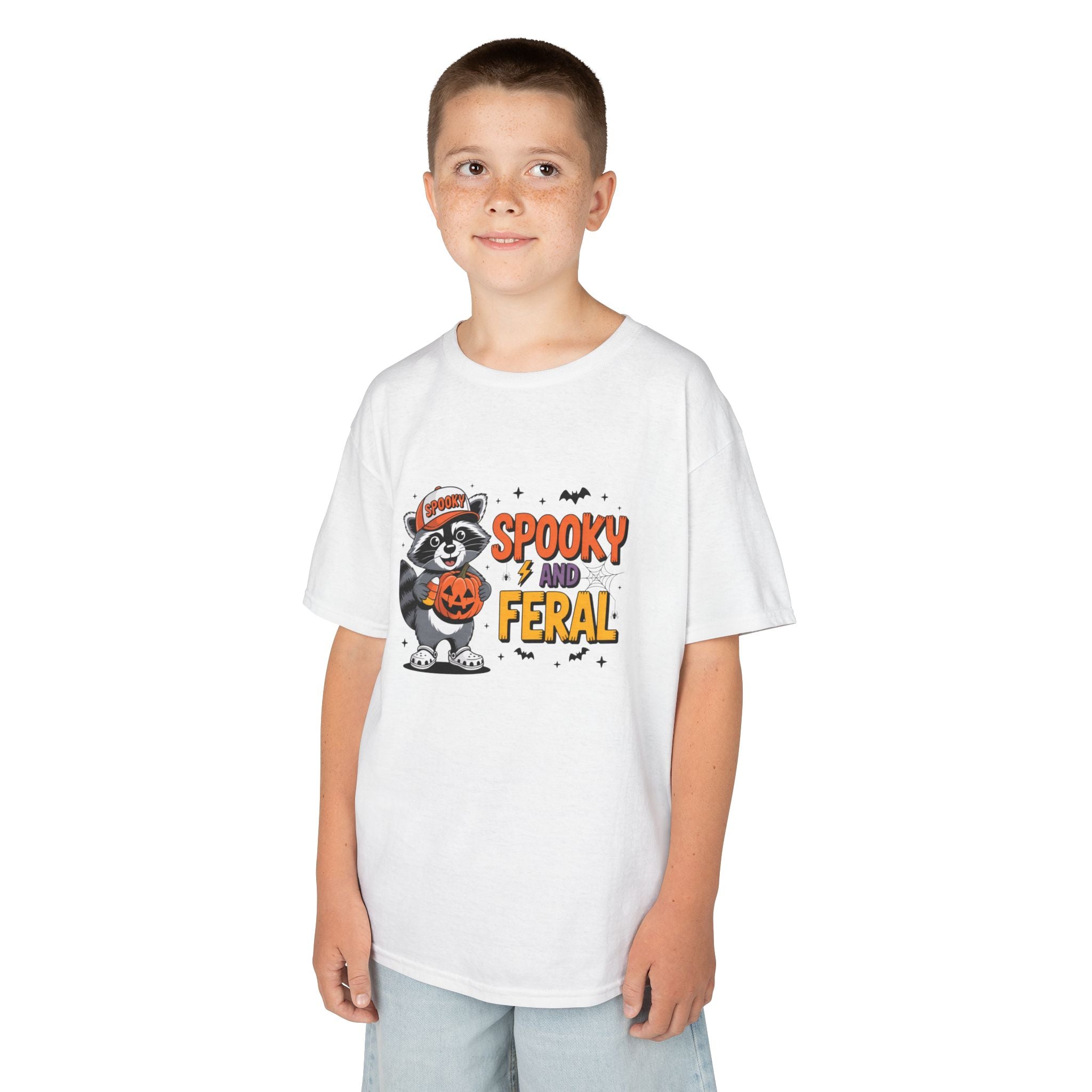 Kids Tee — "Spooky and Feral" Halloween Raccoon Pumpkin Shirt