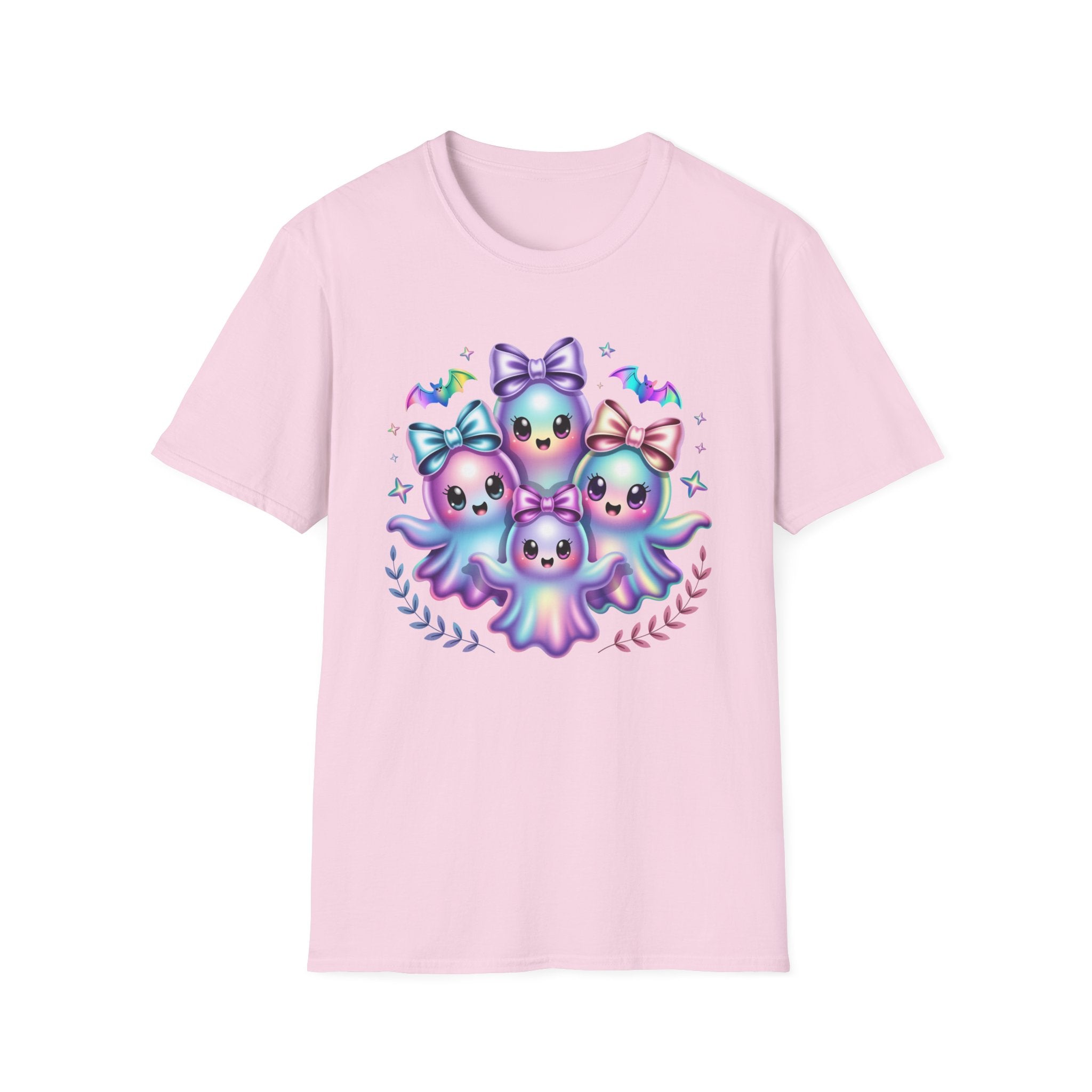 Cute Pastel Ghosts T-Shirt — Kawaii Iridescent Ghost Trio with Bows
