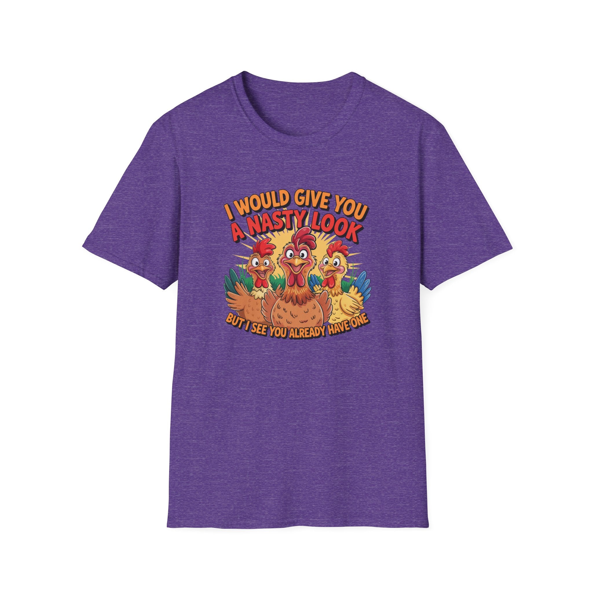 A heather purple short-sleeve t-shirt with a colorful graphic of three cartoon turkeys and humorous text on the front, displayed against a solid white background.