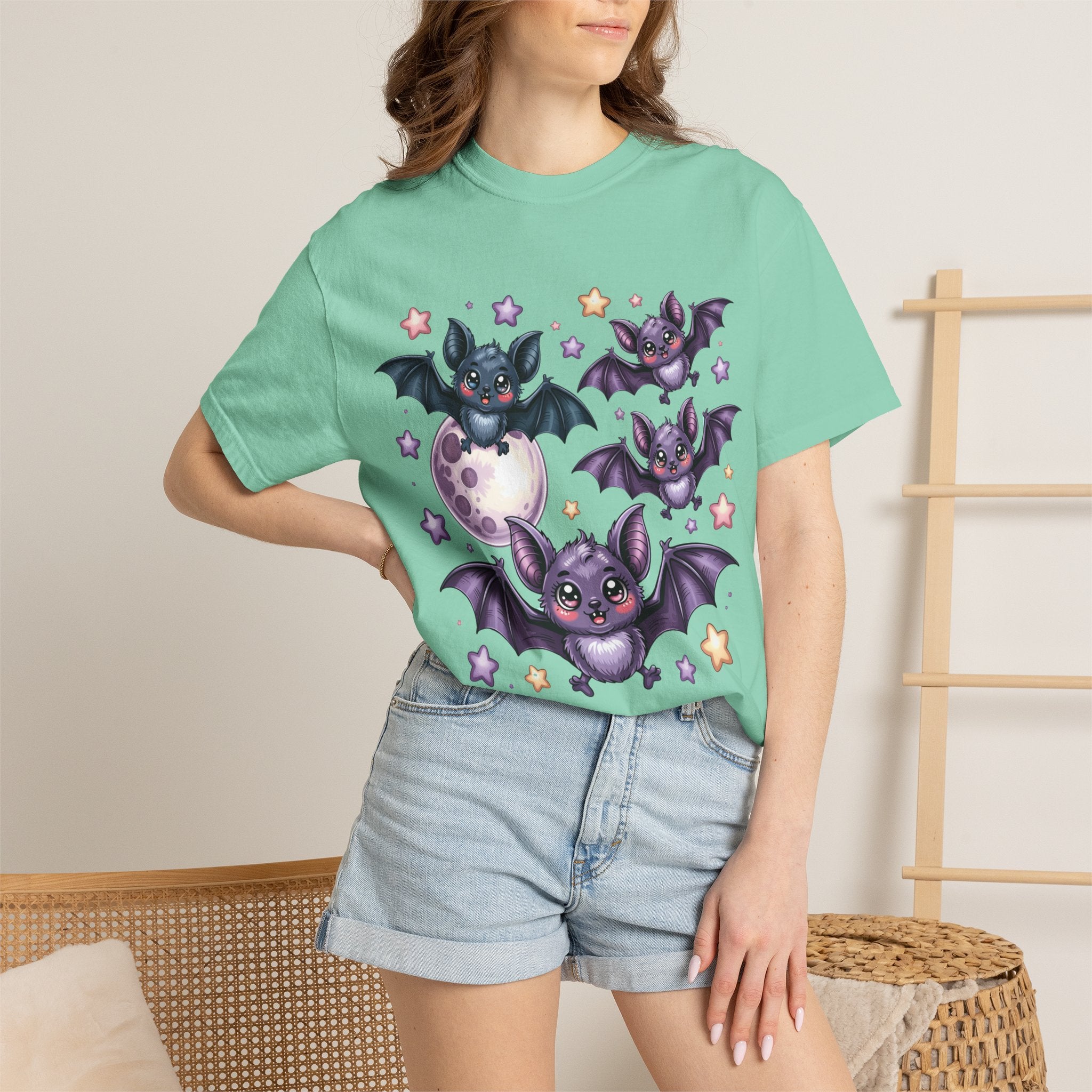 Cute Purple Bats T-Shirt — Kawaii Night Moon & Stars Tee