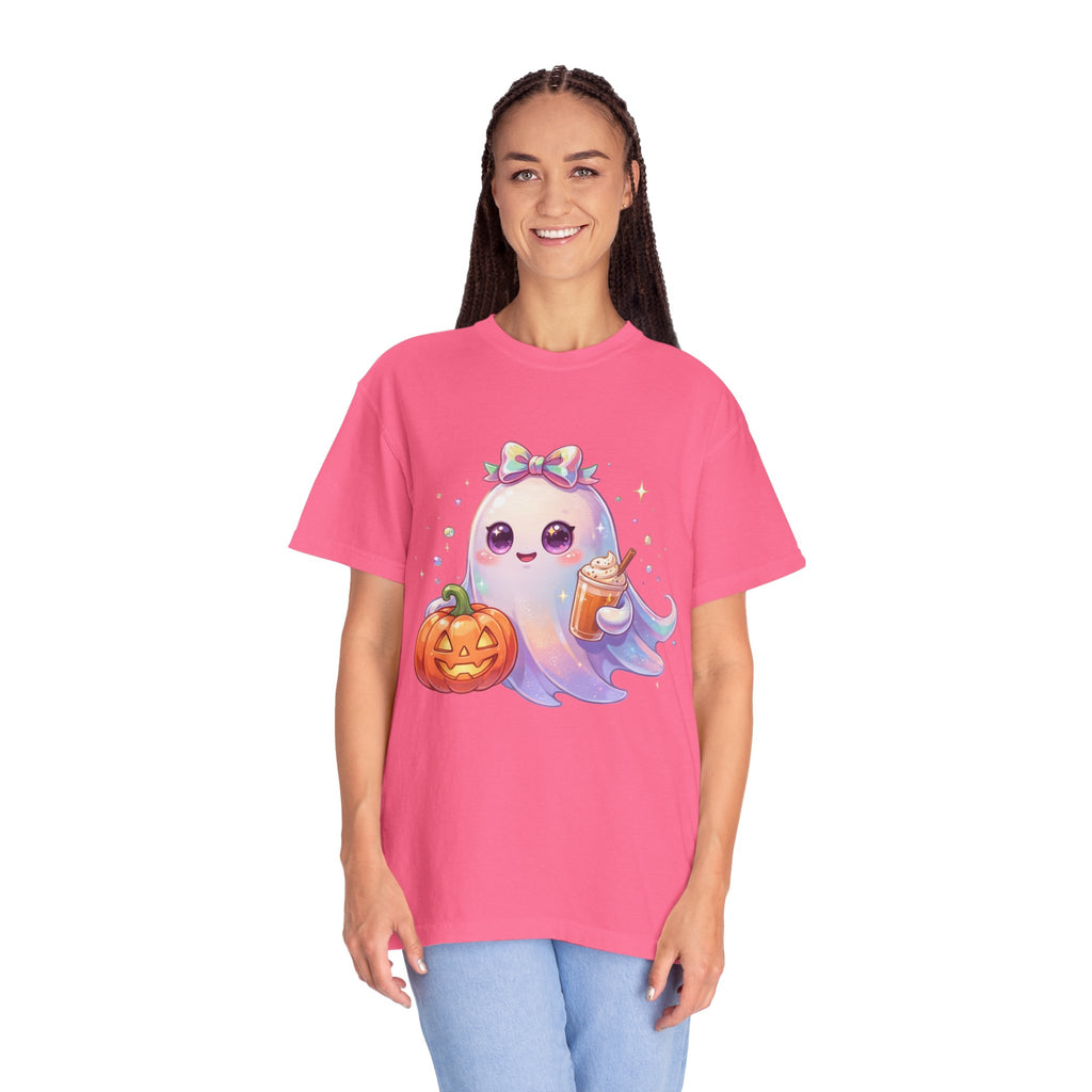 Cute Halloween Ghost T-Shirt — Kawaii Pumpkin & Candy Drink Graphic