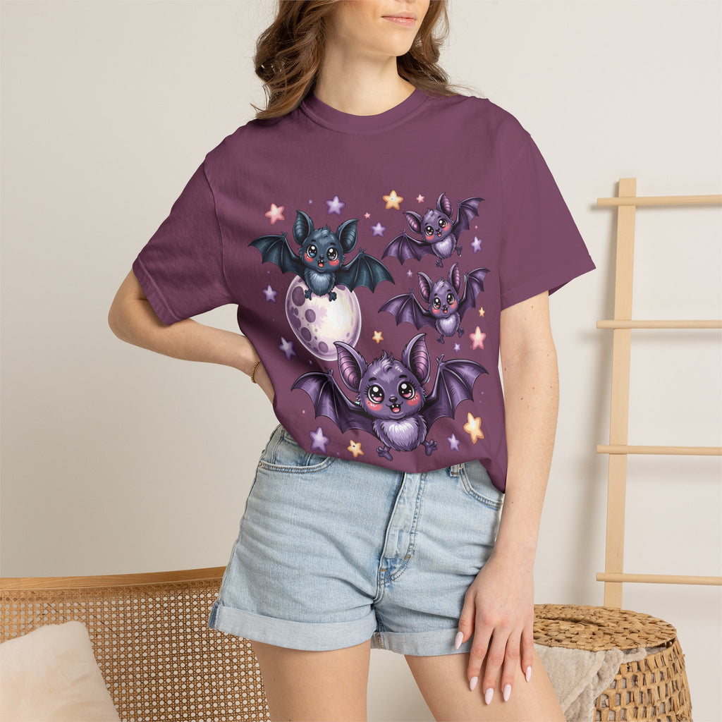 Cute Purple Bats T-Shirt — Kawaii Night Moon & Stars Tee