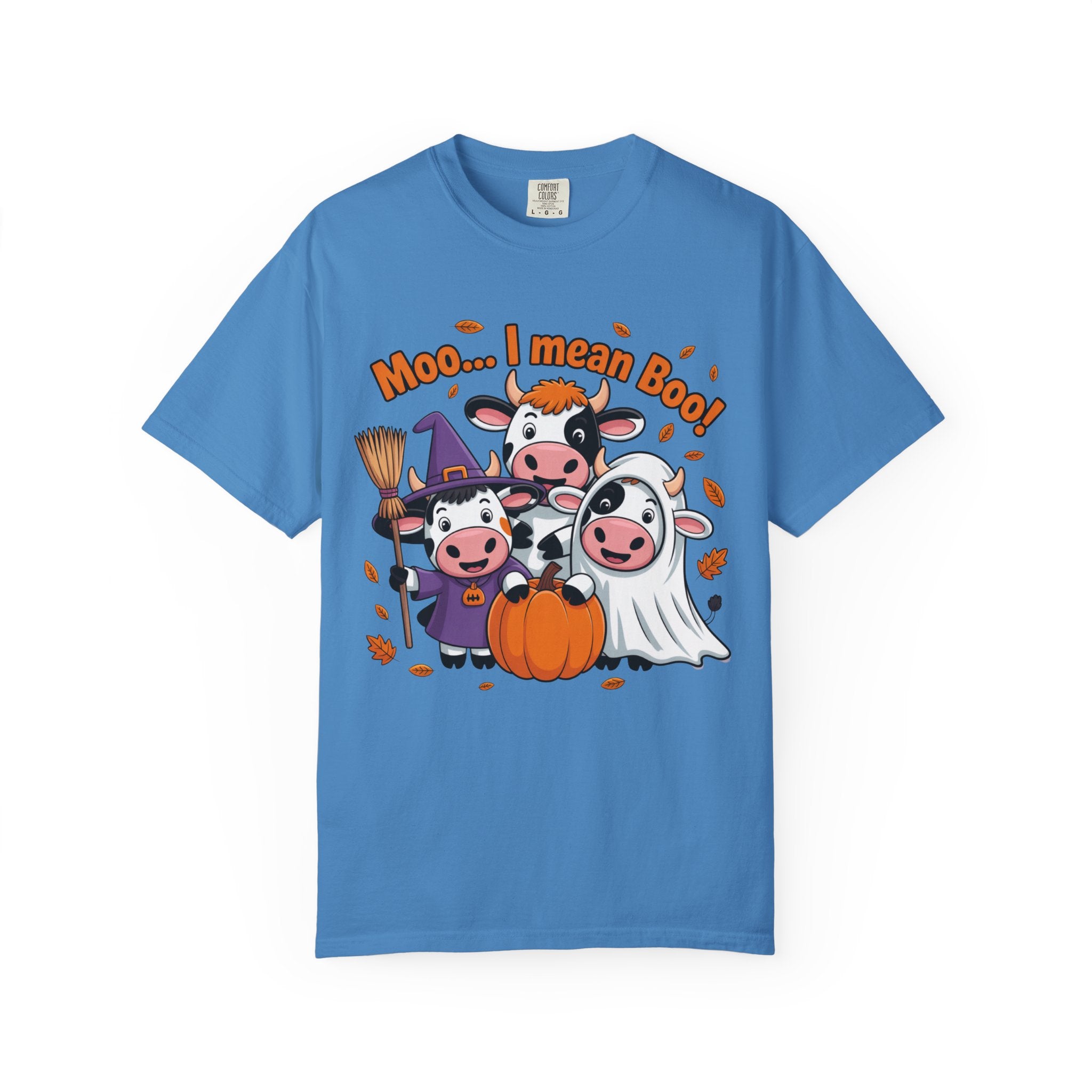 Halloween Cow T-Shirt – “Moo... I mean Boo!” Cute Pumpkin & Witch Cows Graphic Tee