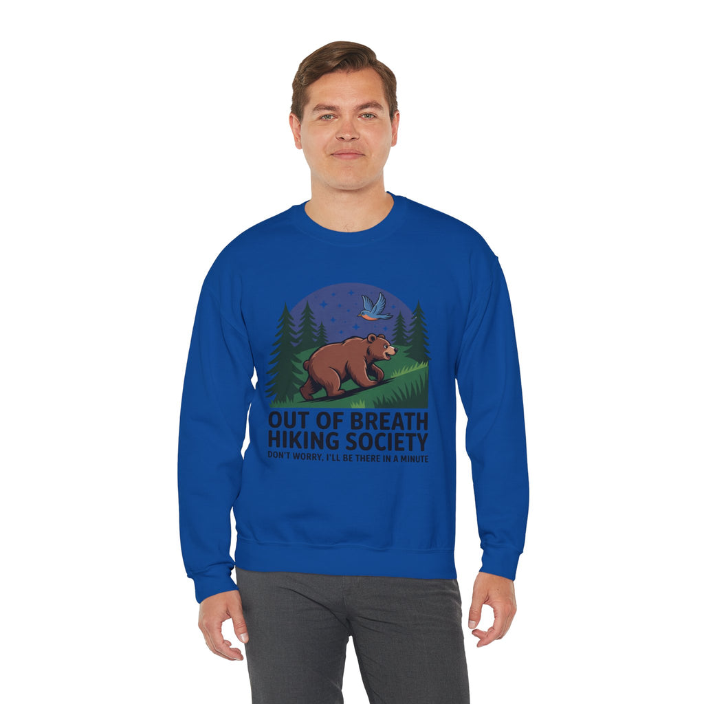 Out of Breath Hiking Society Crewneck Sweatshirt — Funny Bear Camping Graphic