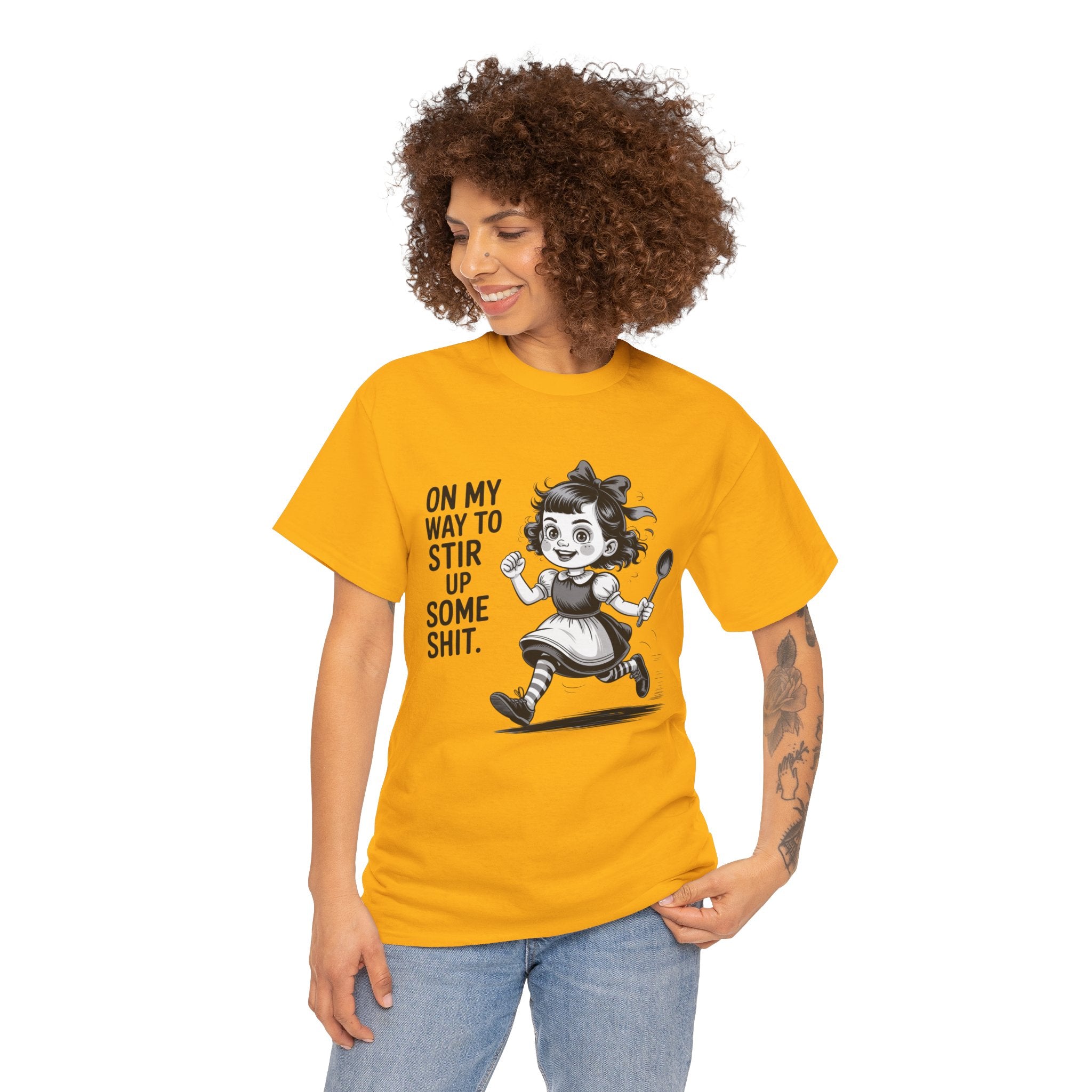 Stir Up Some Shit Tee — Retro Mischief Girl Graphic T-Shirt