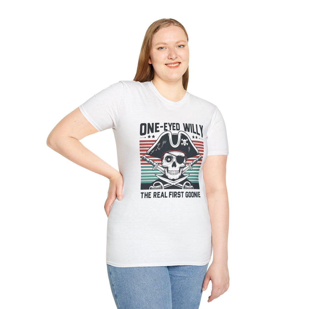 One-Eyed Willy Skull T-Shirt — Vintage Pirate 'The Real First Goonie' Tee