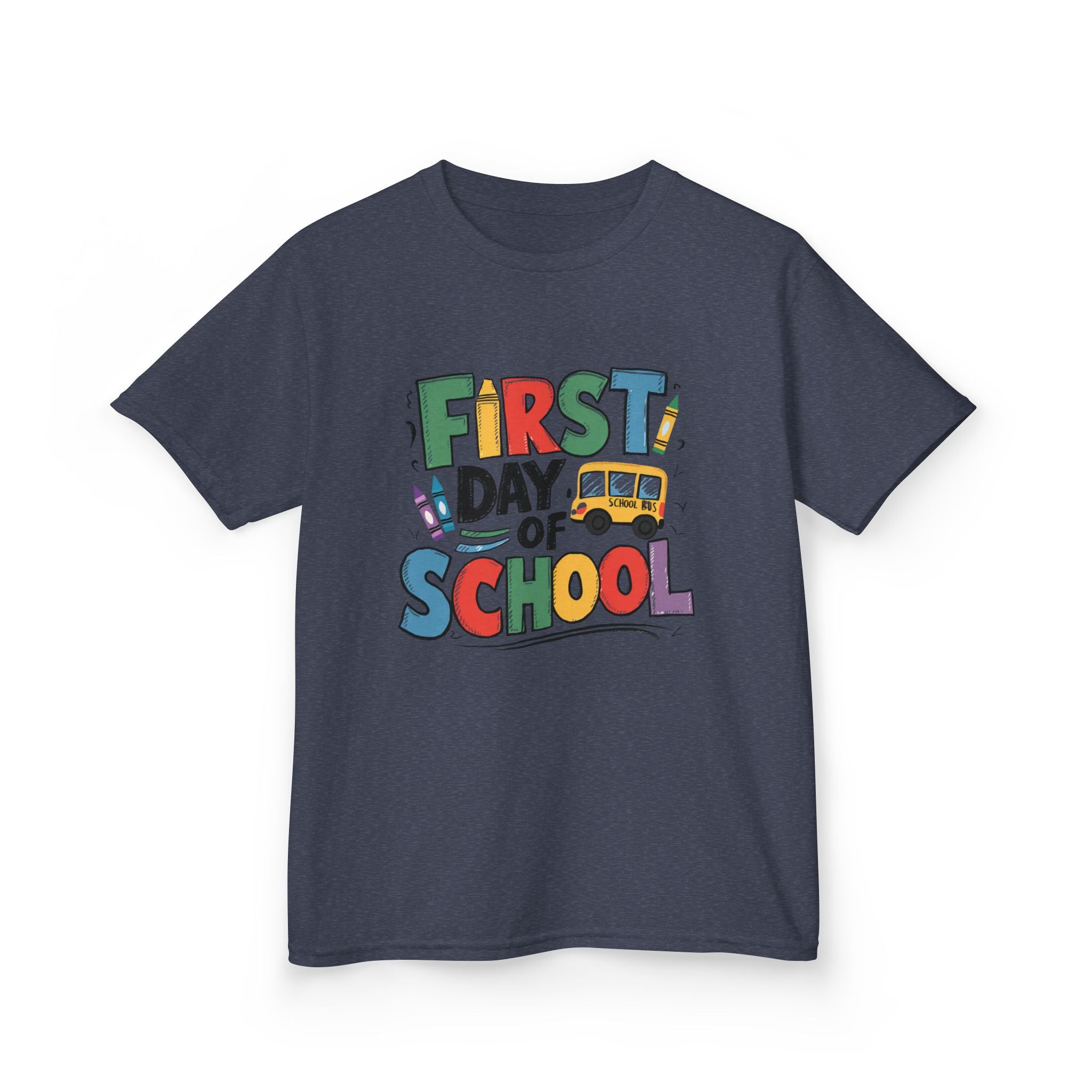 First Day of School Kids T-Shirt — Colorful Back-to-School Tee with School Bus Design