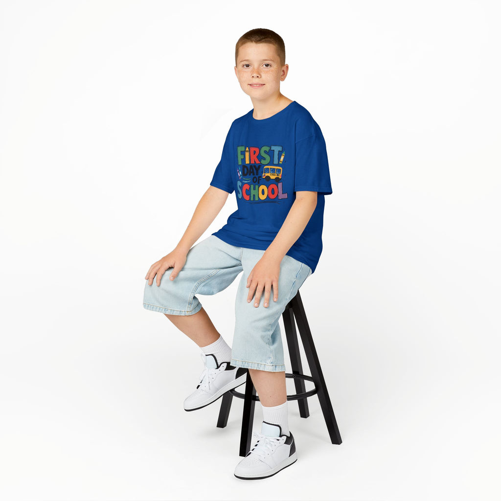 First Day of School Kids T-Shirt — Colorful Back-to-School Tee with School Bus Design