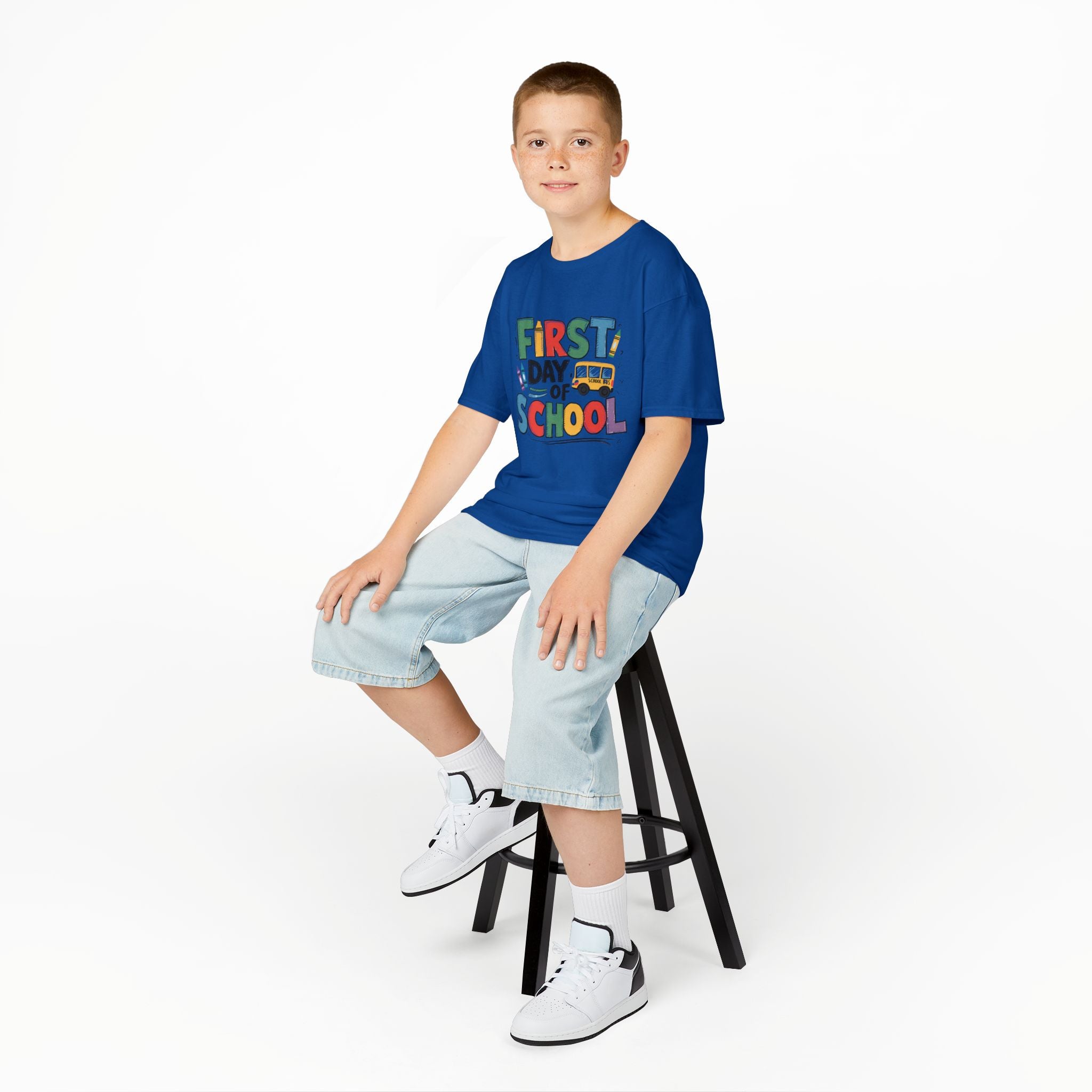 First Day of School Kids T-Shirt — Colorful Back-to-School Tee with School Bus Design