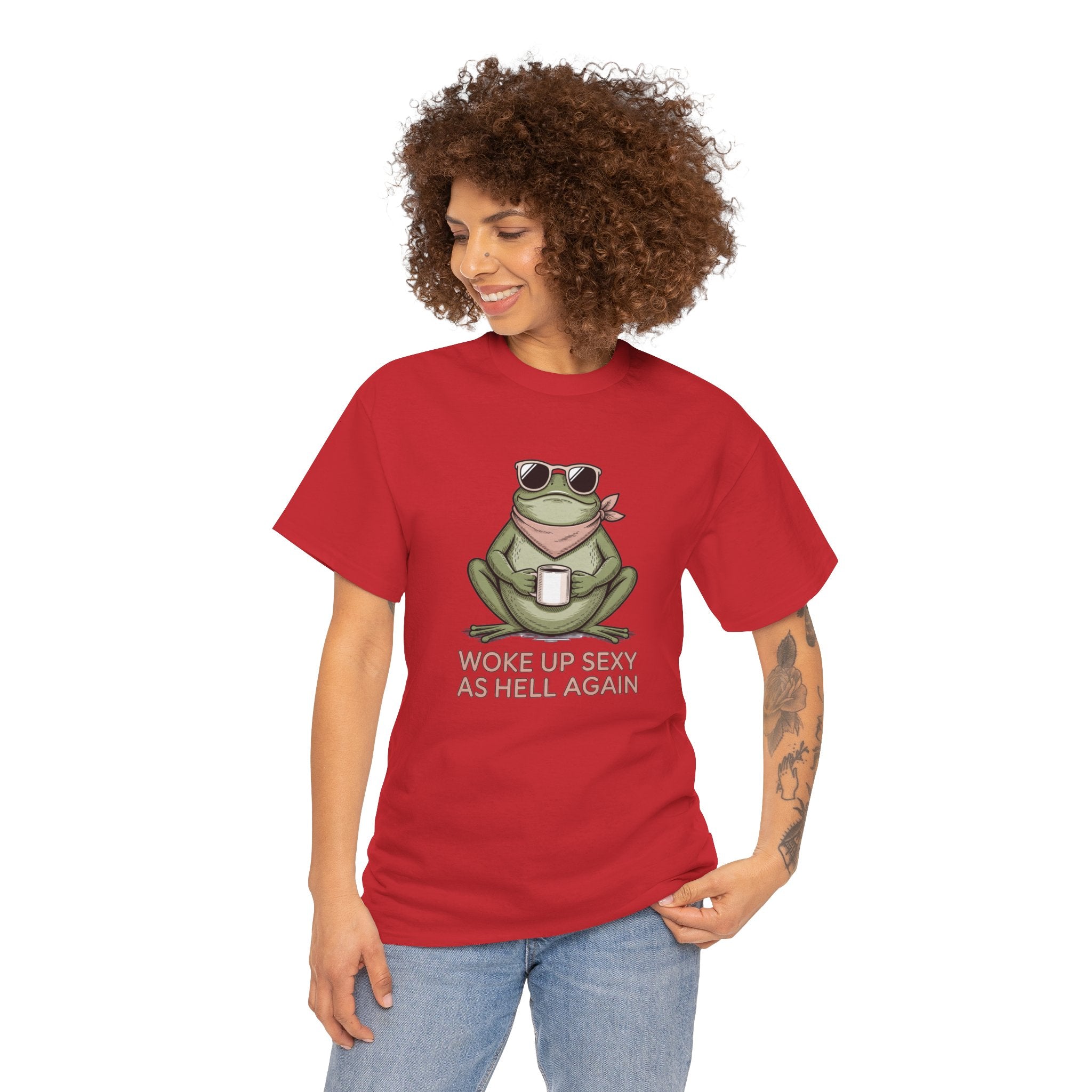 Frog Mug Graphic Tee — "Woke Up Sexy As Hell Again" Cotton T-Shirt
