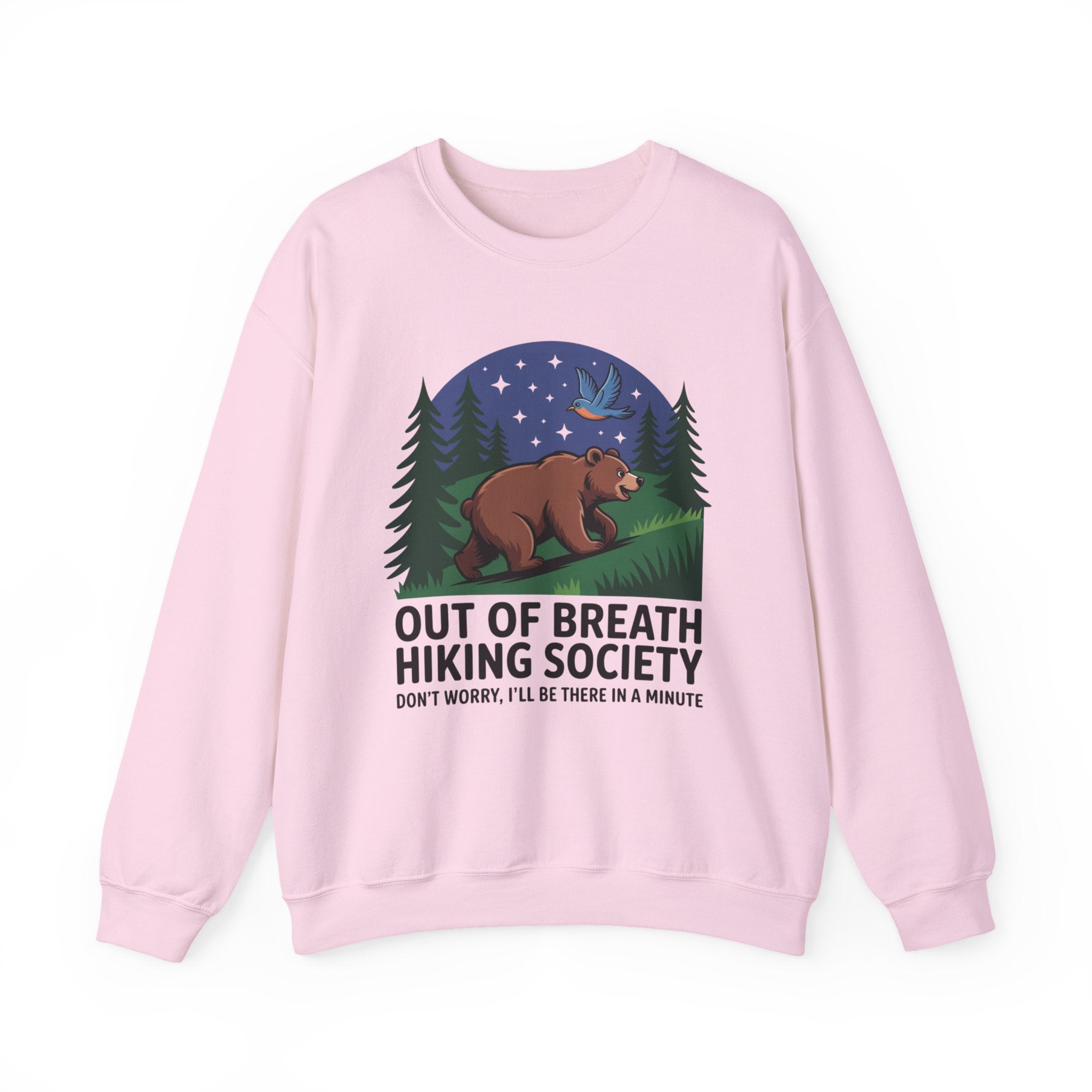 Out of Breath Hiking Society Crewneck Sweatshirt — Funny Bear Camping Graphic