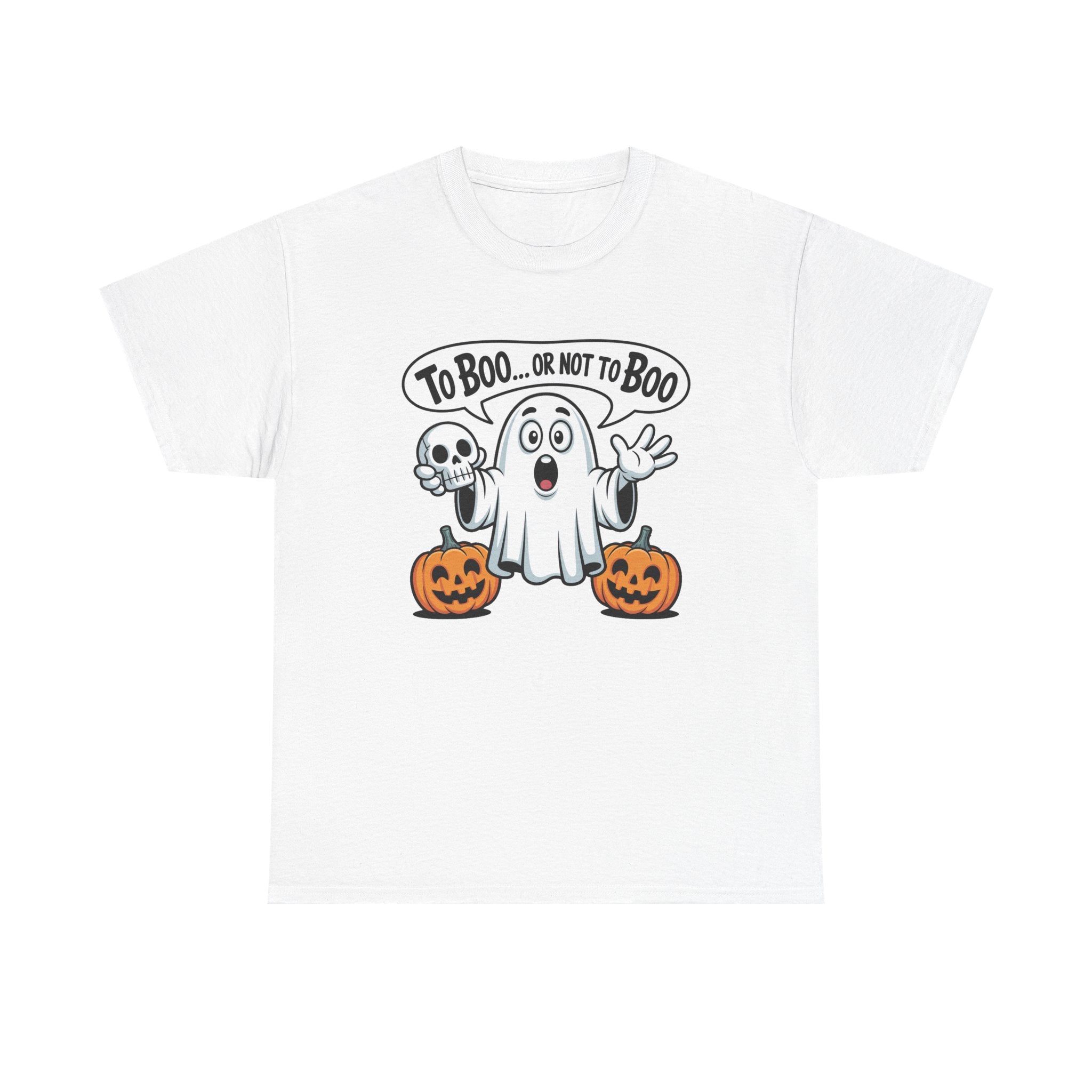 A white short-sleeve crewneck t-shirt featuring a cartoon graphic of a ghostly figure with a skull on one arm, a speech bubble that reads 'TO BOO.