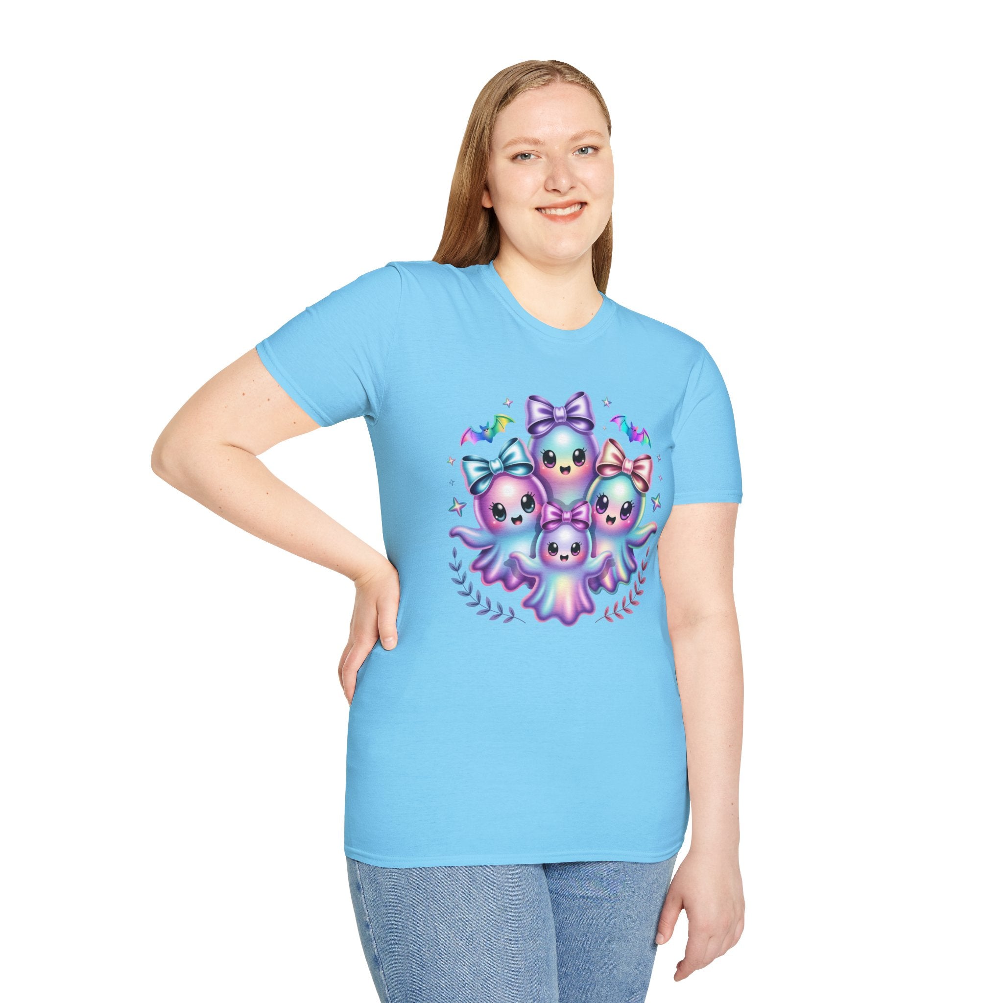 Cute Pastel Ghosts T-Shirt — Kawaii Iridescent Ghost Trio with Bows
