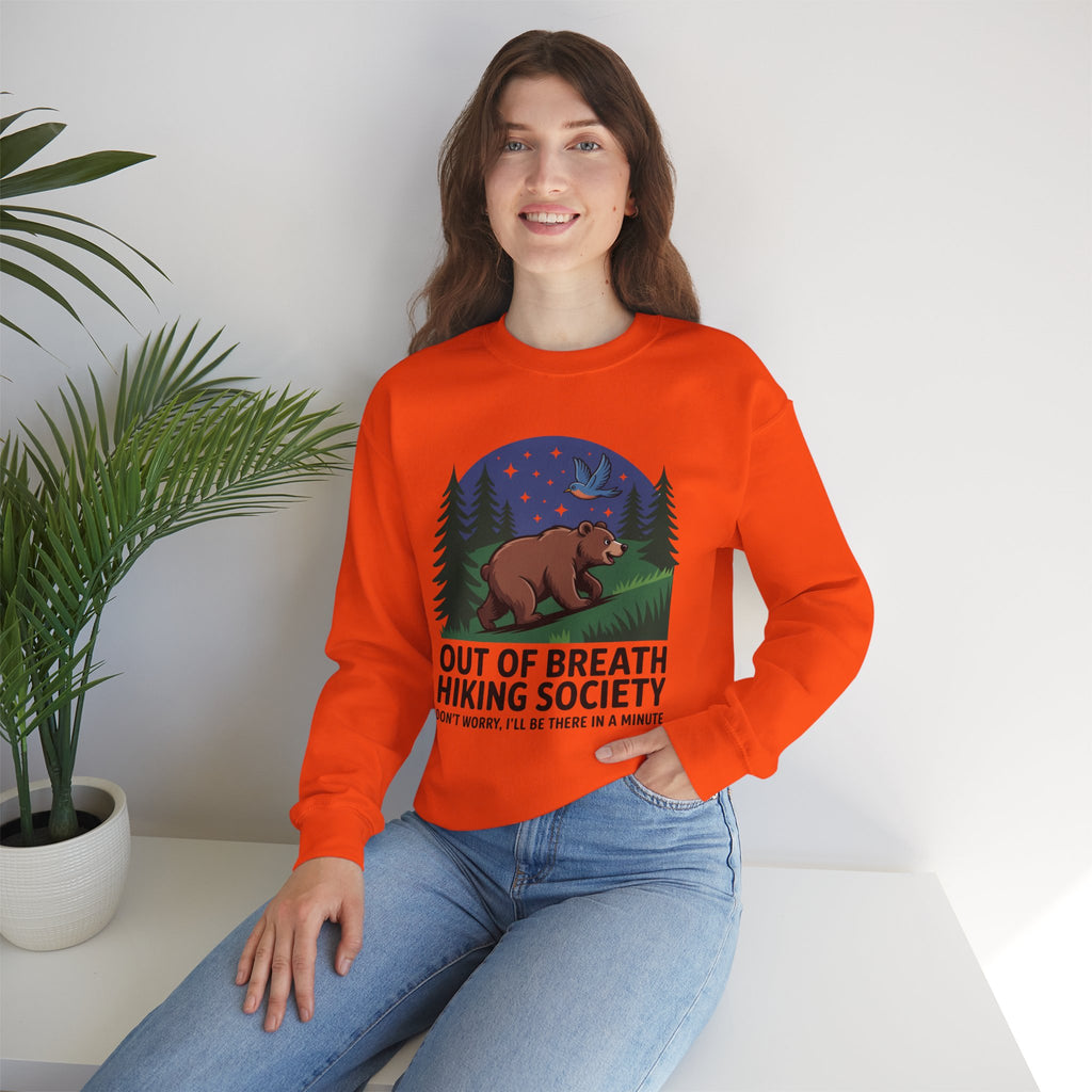 Out of Breath Hiking Society Crewneck Sweatshirt — Funny Bear Camping Graphic