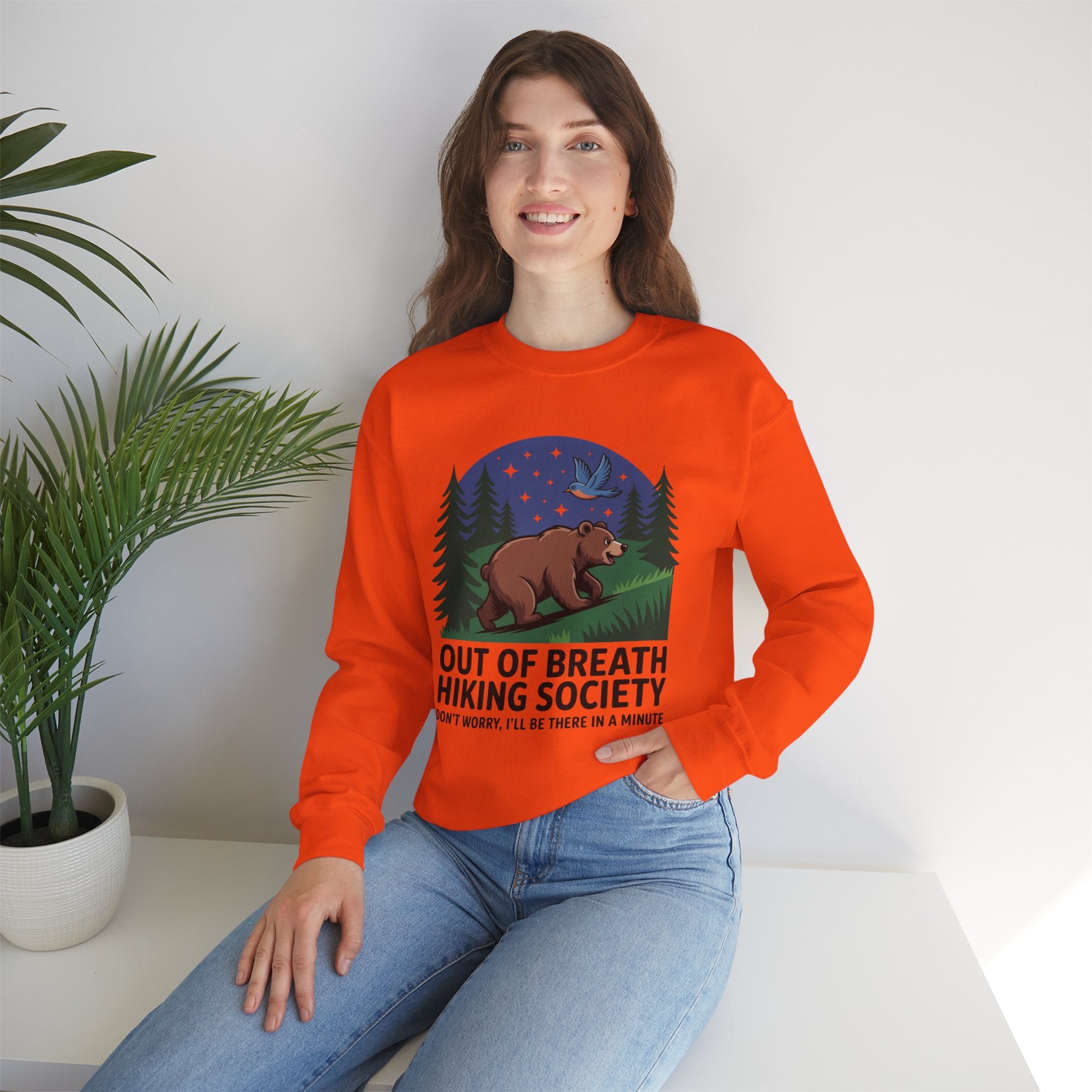 Out of Breath Hiking Society Crewneck Sweatshirt — Funny Bear Camping Graphic