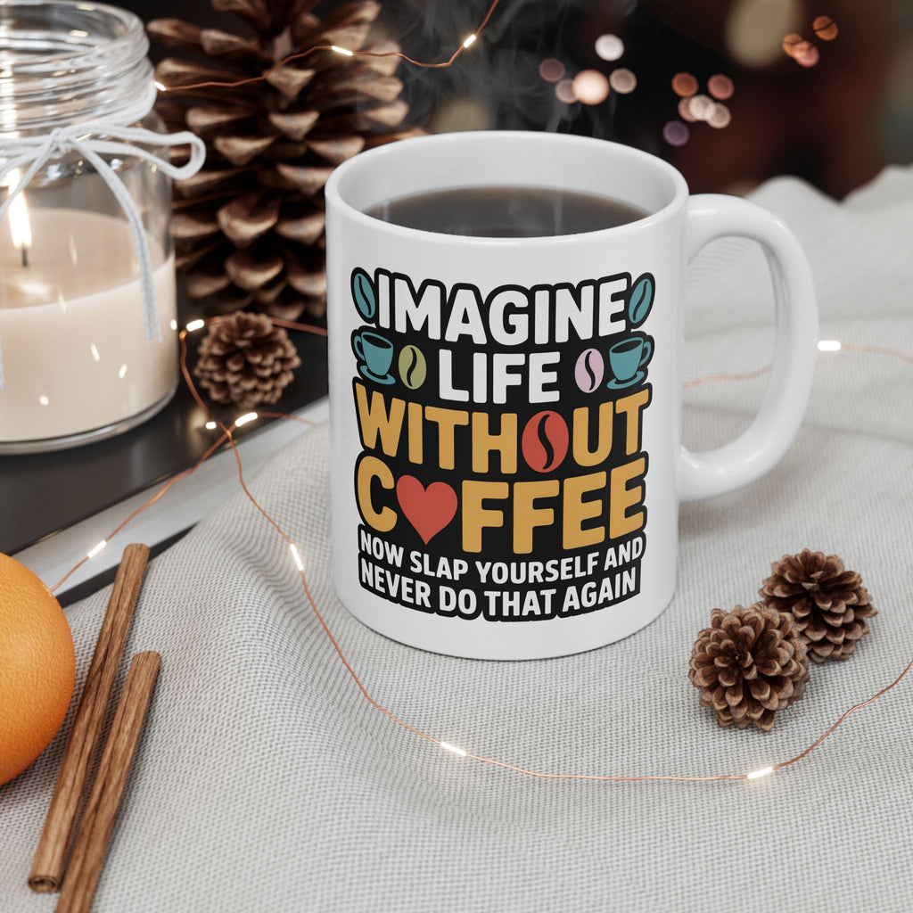 Coffee Mug — "Imagine life without Coffee" Funny Ceramic Gift for Coffee Lovers (11oz & 15oz)