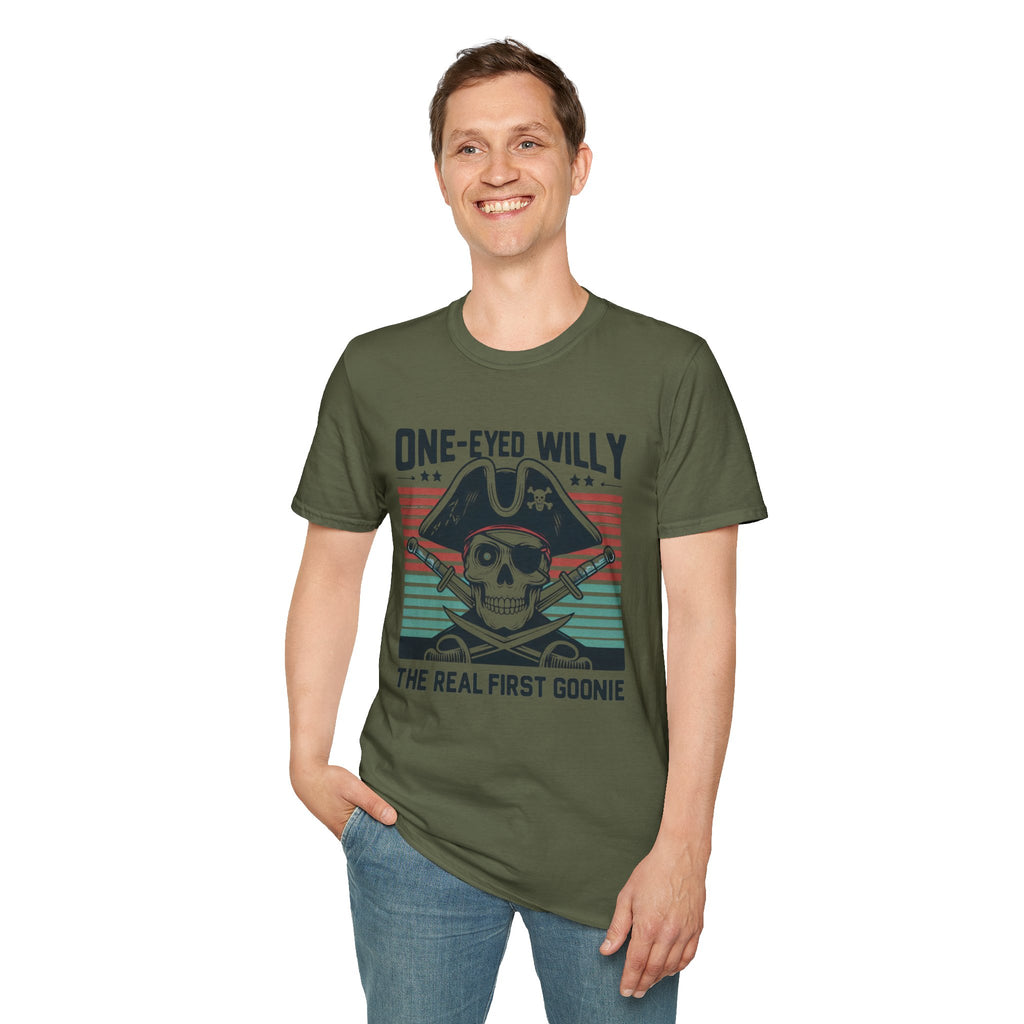 One-Eyed Willy Skull T-Shirt — Vintage Pirate 'The Real First Goonie' Tee