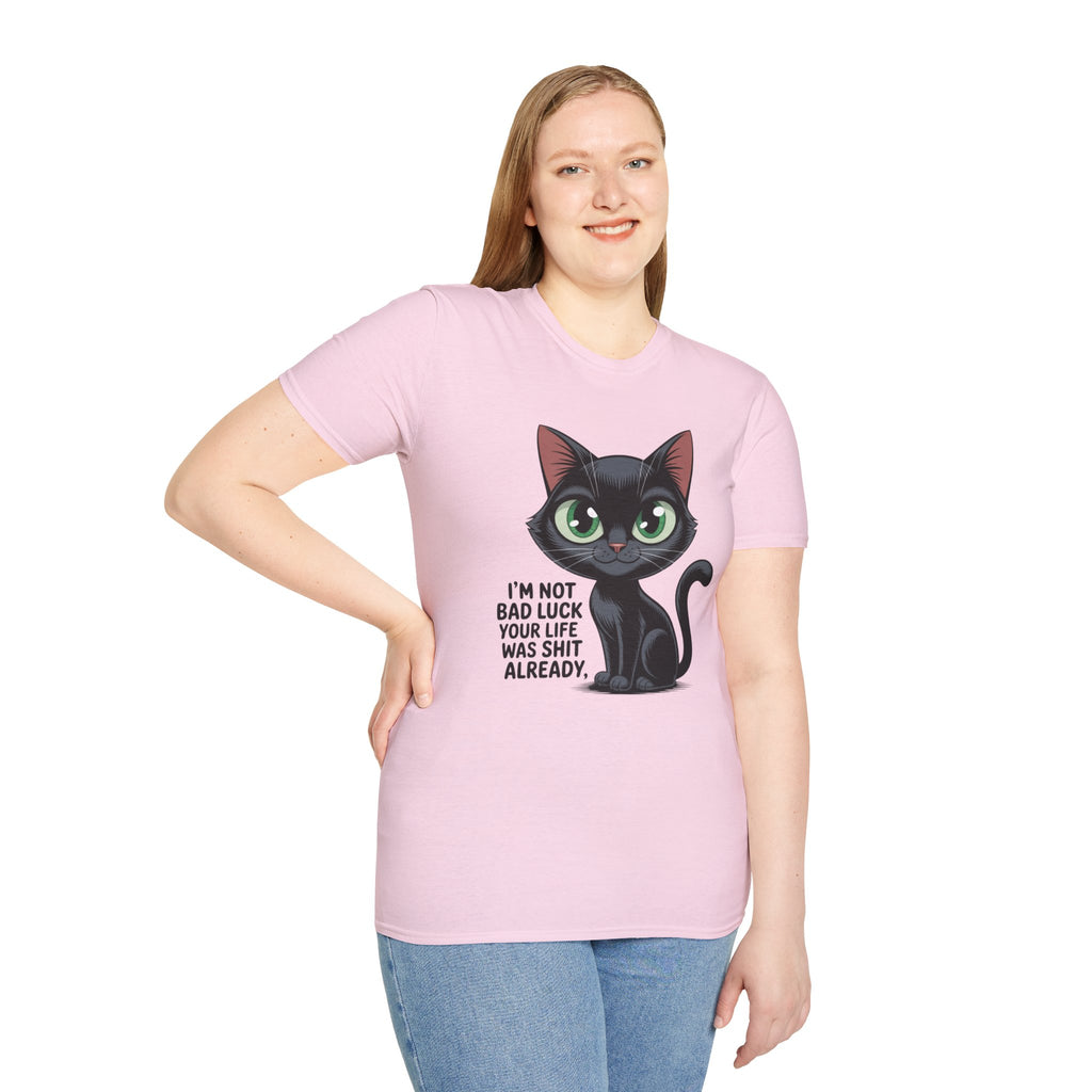 Funny Black Cat T-Shirt — I'm Not Bad Luck Dark Humor Gift Tee for Cat Lovers