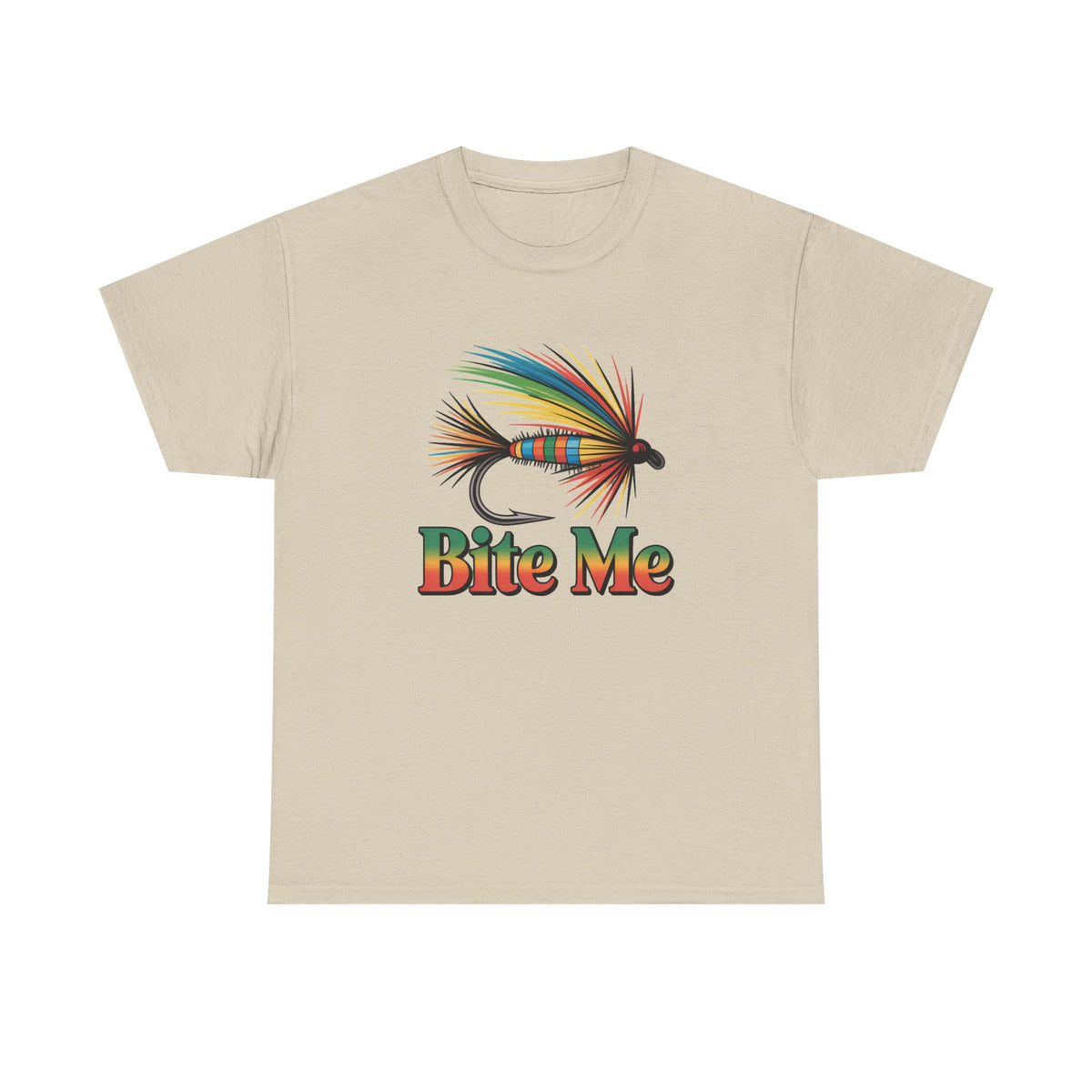 Fishing T-Shirt — Colorful Fly Design with "Bite Me" Text