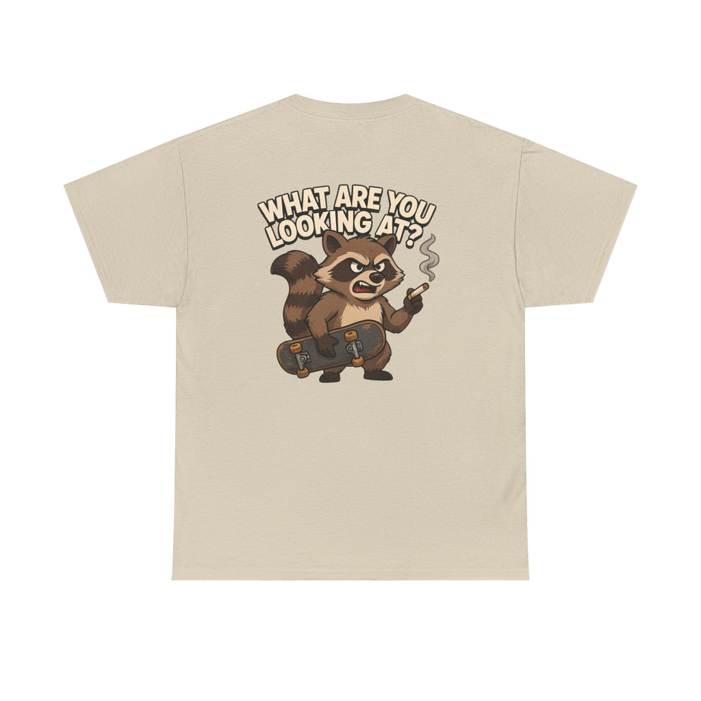 Graphic Tee — "What Are You Looking At?" Raccoon Illustration T-Shirt