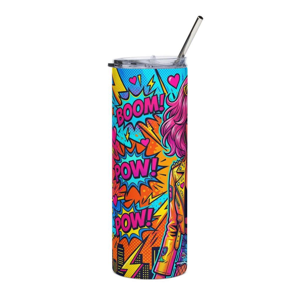 A tall, skinny tumbler with a clear lid and metal straw, featuring a vibrant comic book style graphic print with 'BOOM!' and 'POW!' text, hearts, and a pink-haired character illustration.