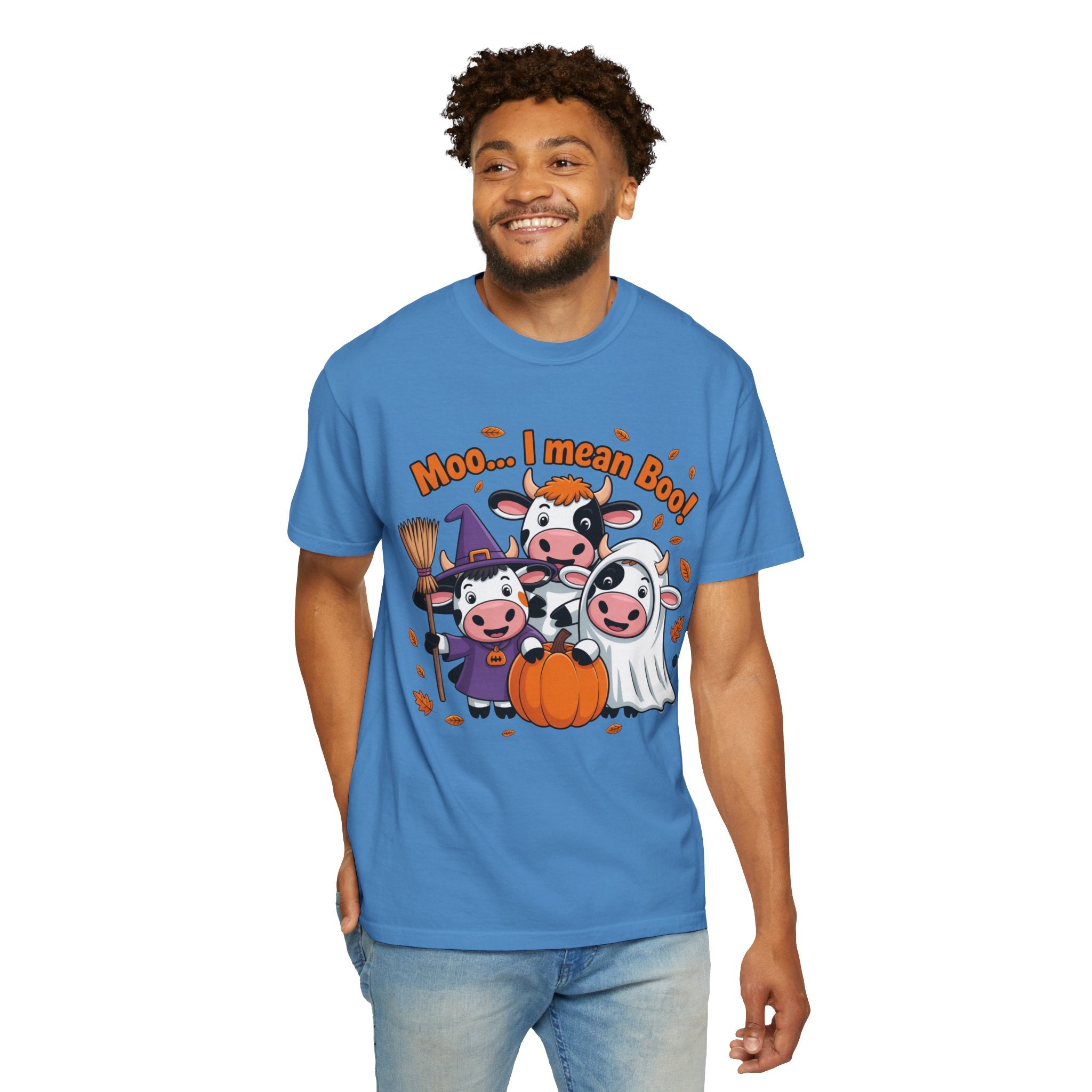Halloween Cow T-Shirt – “Moo... I mean Boo!” Cute Pumpkin & Witch Cows Graphic Tee