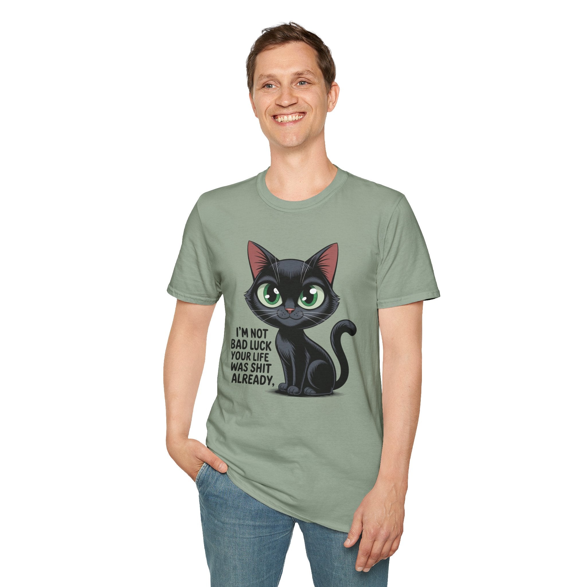 Funny Black Cat T-Shirt — I'm Not Bad Luck Dark Humor Gift Tee for Cat Lovers