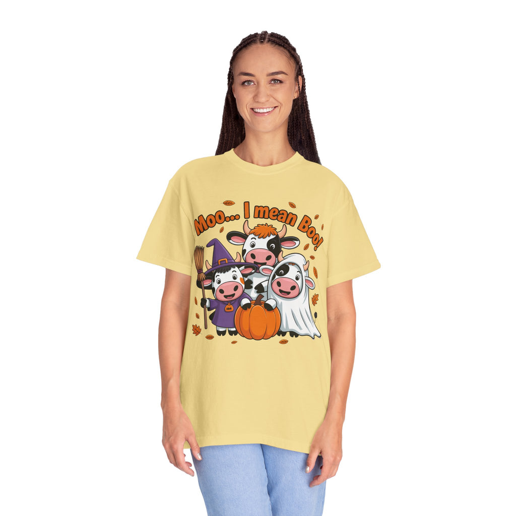 Halloween Cow T-Shirt – “Moo... I mean Boo!” Cute Pumpkin & Witch Cows Graphic Tee