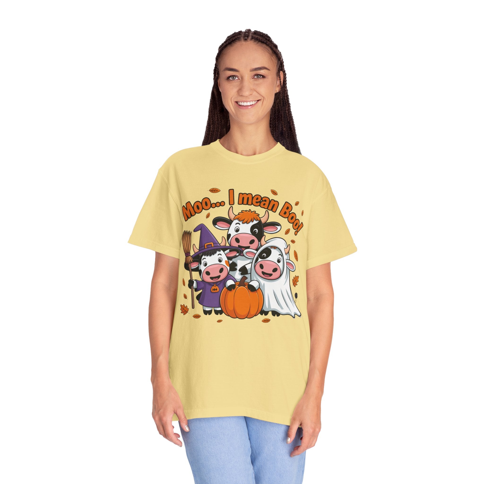 Halloween Cow T-Shirt – “Moo... I mean Boo!” Cute Pumpkin & Witch Cows Graphic Tee
