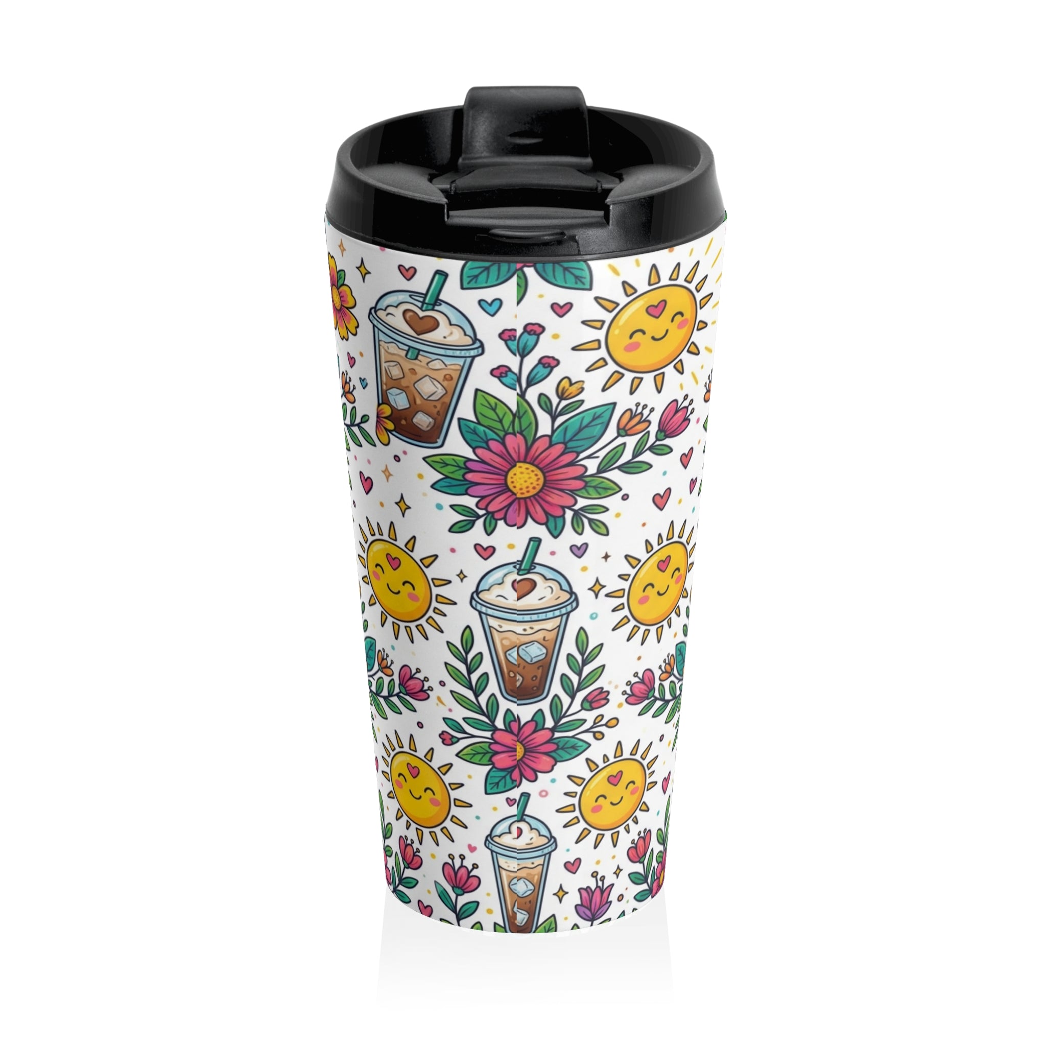 A white insulated travel tumbler with a black lid, decorated with a colorful pattern of smiling suns, flowers, leaves, and iced coffee cups.