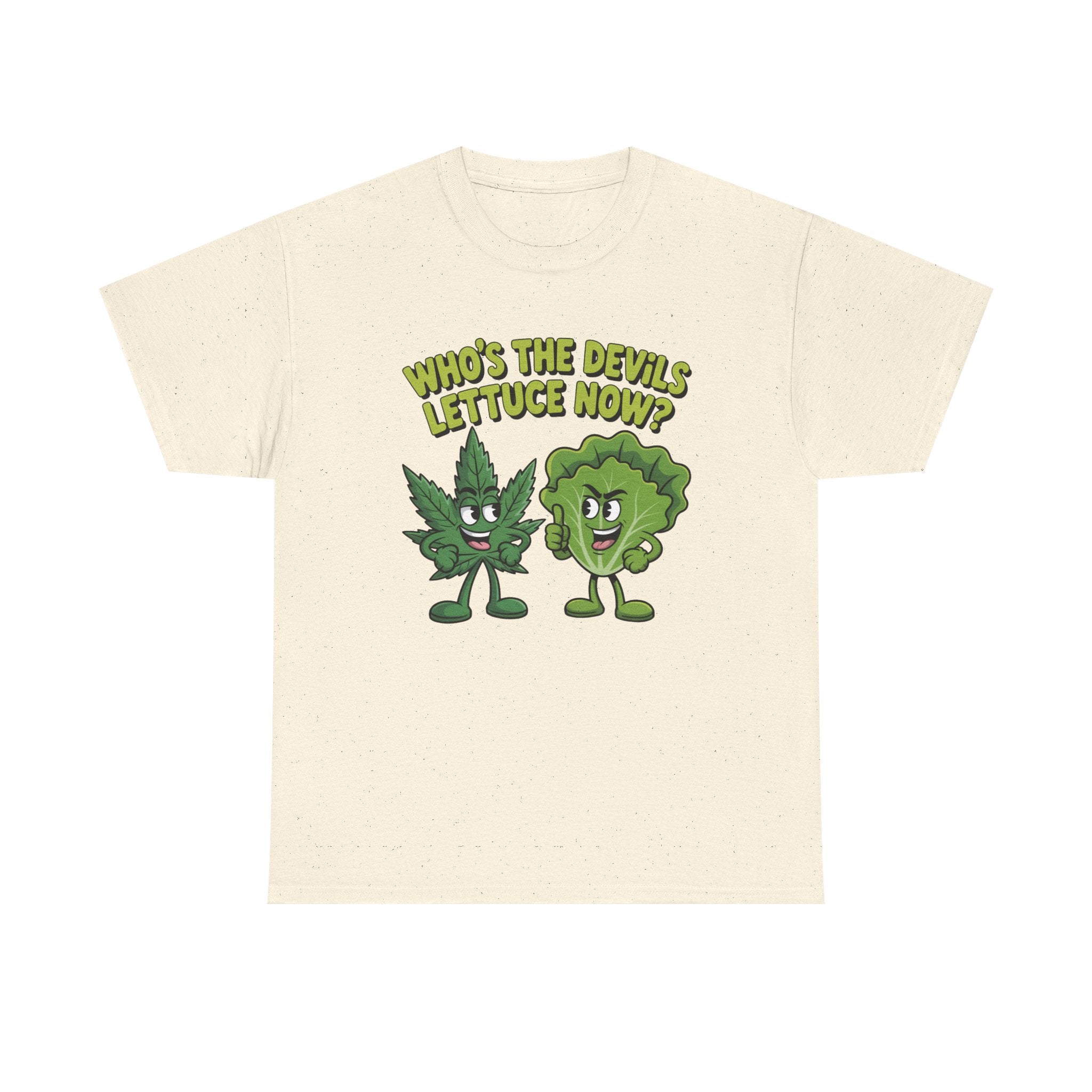 An off-white short-sleeve t-shirt with a graphic print featuring a green cartoon cannabis leaf and a green cartoon broccoli holding the text 'WHO'S THE DEVIL'S LETTUCE NOW?' in yellow-green letters.