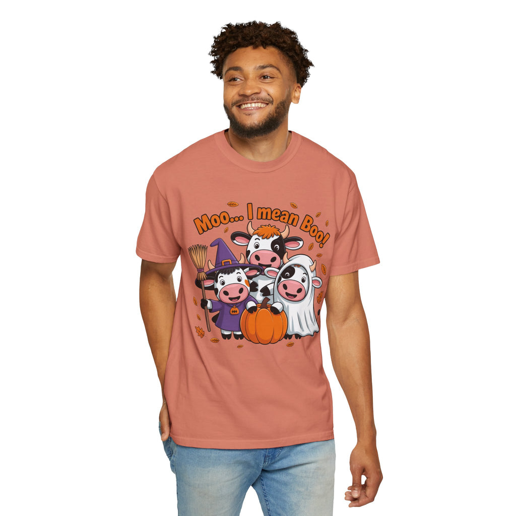 Halloween Cow T-Shirt – “Moo... I mean Boo!” Cute Pumpkin & Witch Cows Graphic Tee
