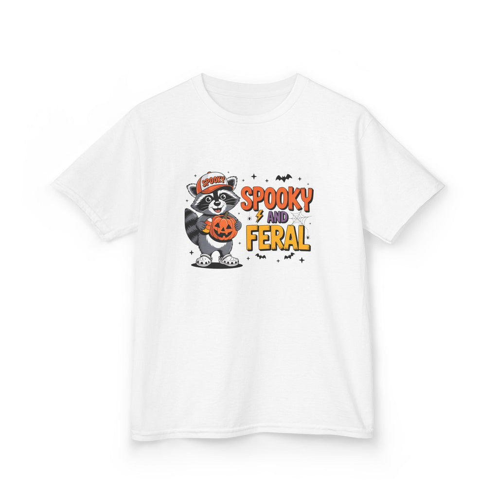 Kids Tee — "Spooky and Feral" Halloween Raccoon Pumpkin Shirt