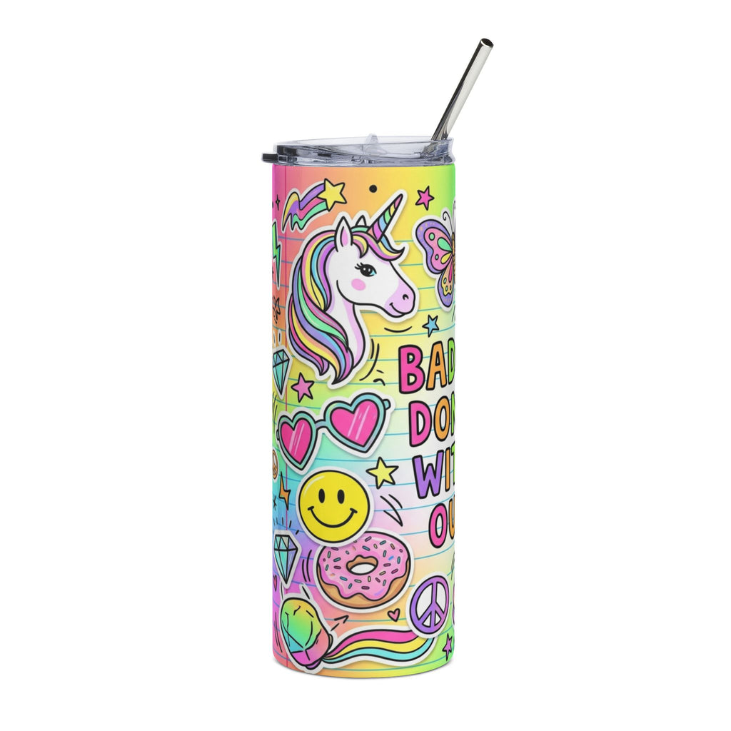 A tall, skinny stainless steel tumbler with a clear lid and metal straw, decorated with a vibrant pastel rainbow background, a cartoon unicorn, a smiley face, a pink donut, and the text 'BABY DO YOU WANT ONE'.