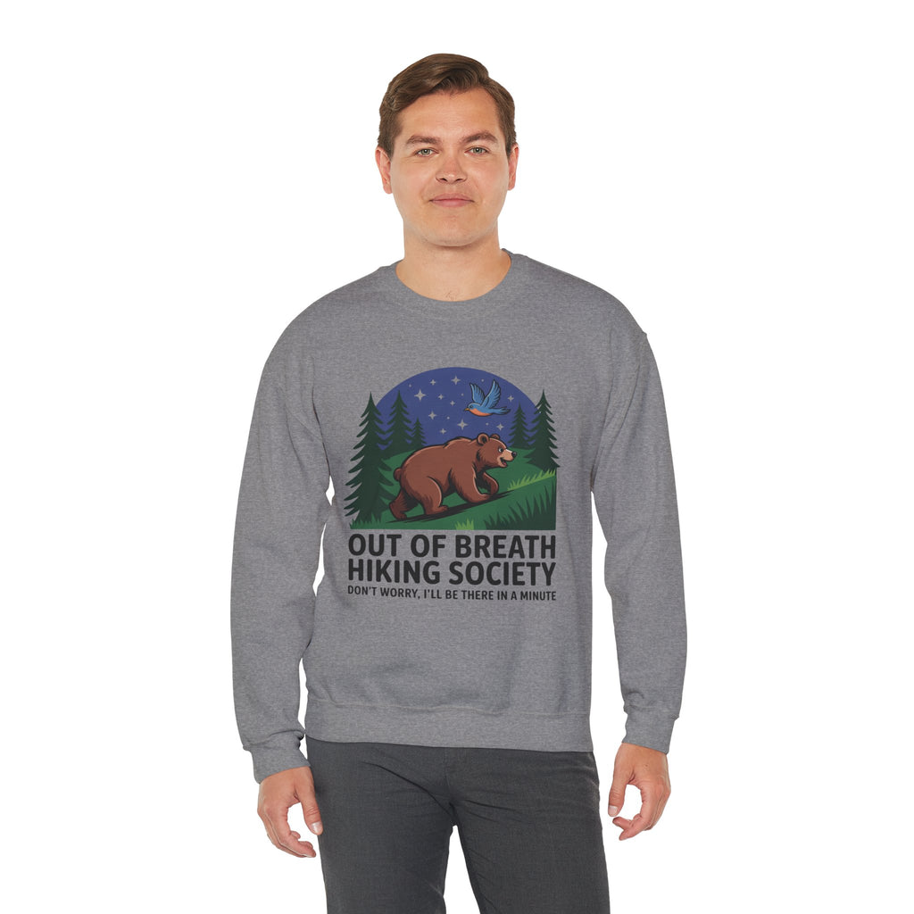 Out of Breath Hiking Society Crewneck Sweatshirt — Funny Bear Camping Graphic