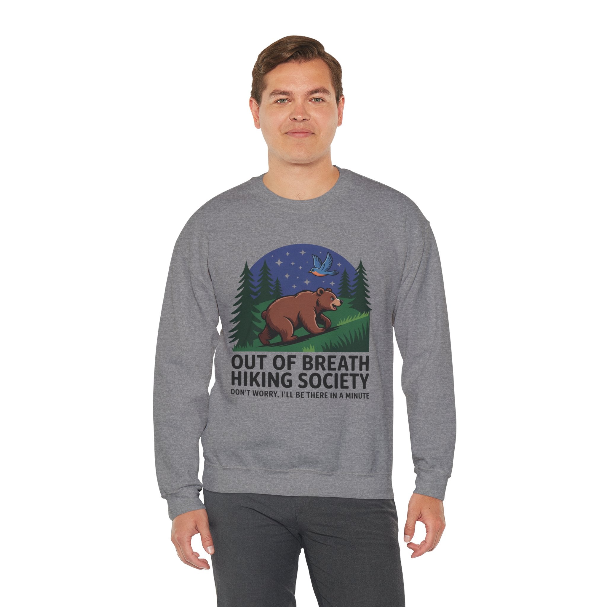 Out of Breath Hiking Society Crewneck Sweatshirt — Funny Bear Camping Graphic