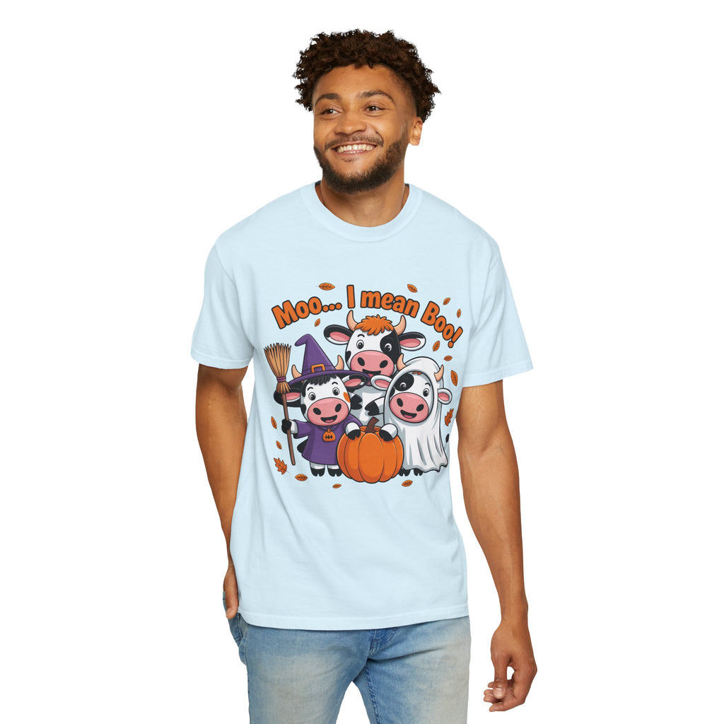 Halloween Cow T-Shirt – “Moo... I mean Boo!” Cute Pumpkin & Witch Cows Graphic Tee
