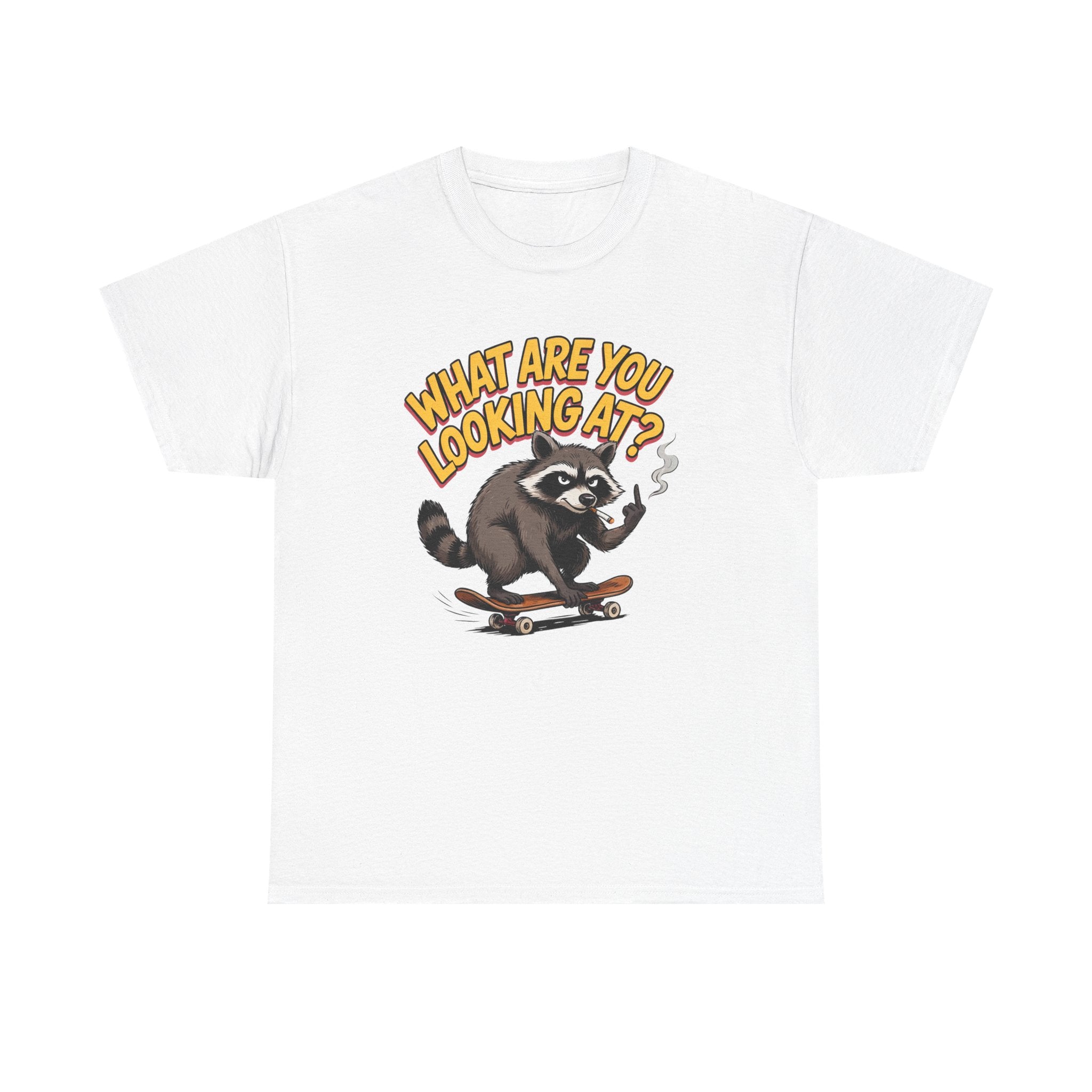 A white short-sleeve crewneck t-shirt featuring a cartoon graphic of a raccoon on a skateboard smoking a cigarette, with the text 'WHAT ARE YOU LOOKING AT?' in yellow above it.