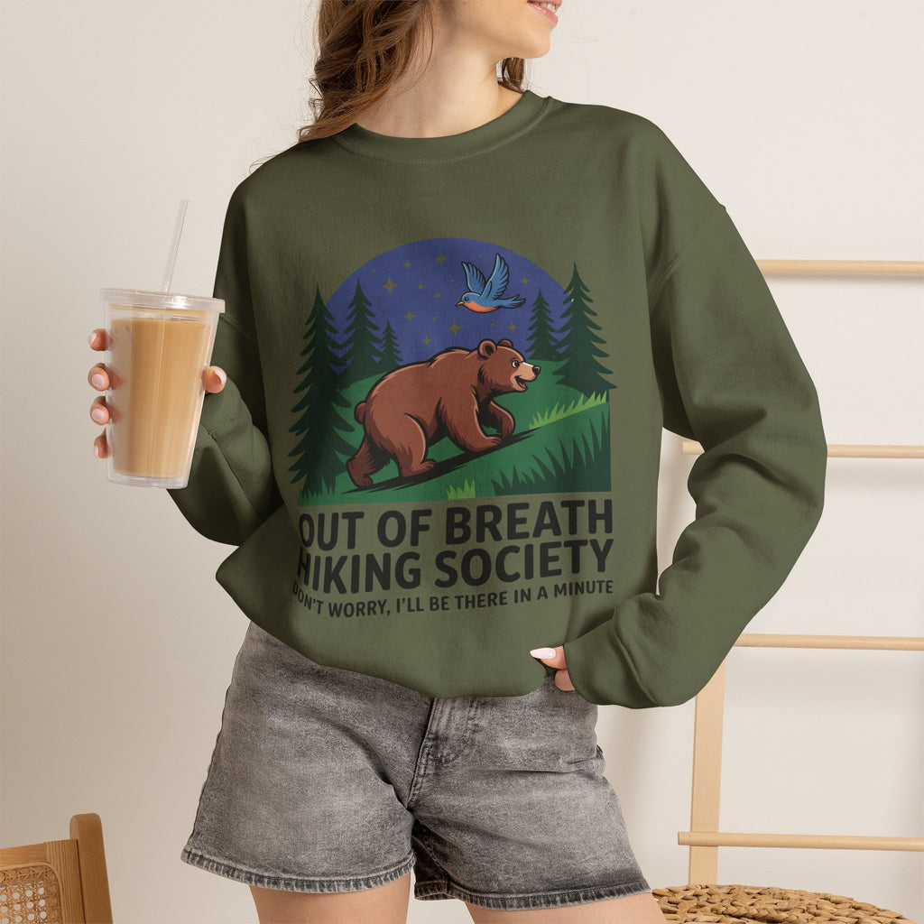 Out of Breath Hiking Society Crewneck Sweatshirt — Funny Bear Camping Graphic