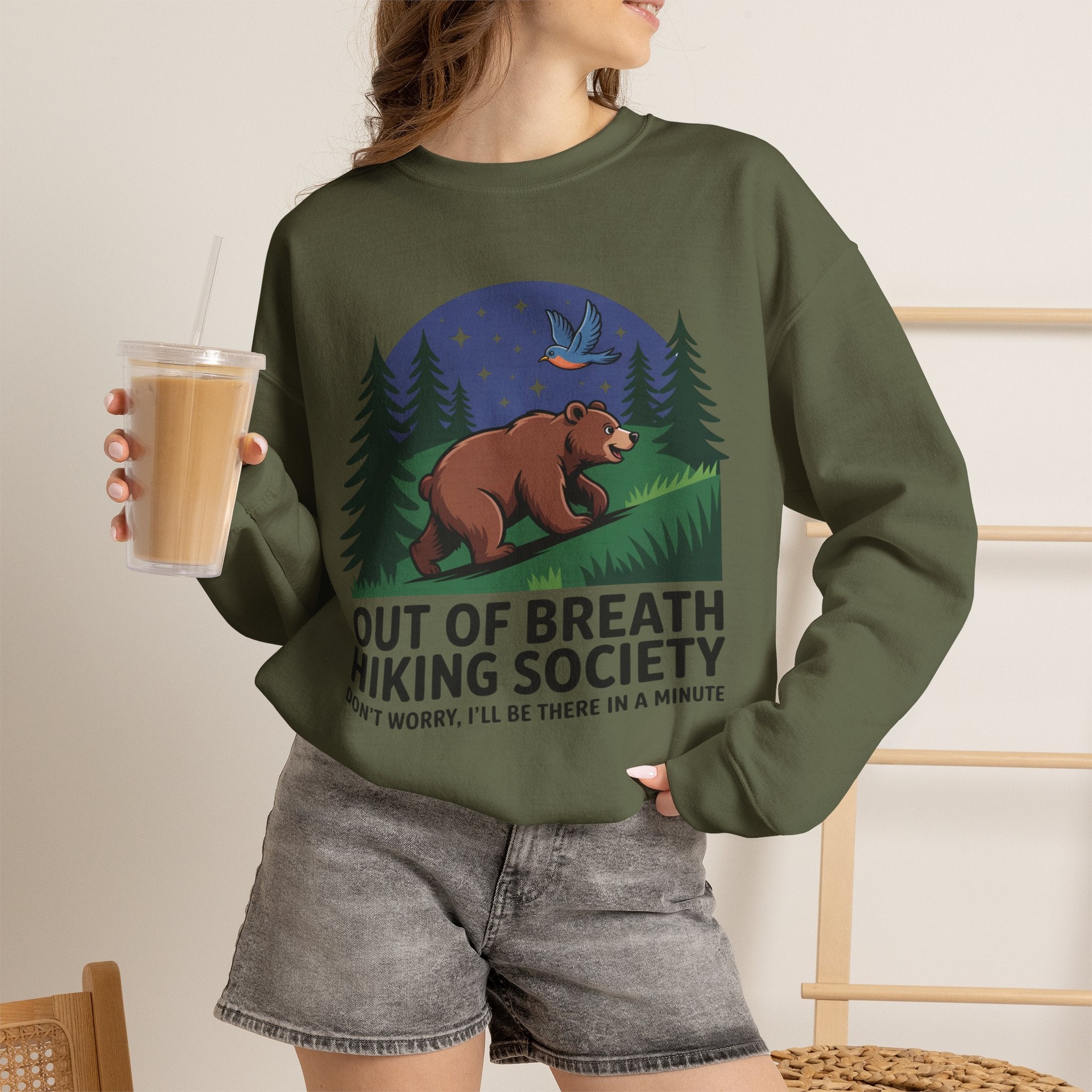 Out of Breath Hiking Society Crewneck Sweatshirt — Funny Bear Camping Graphic