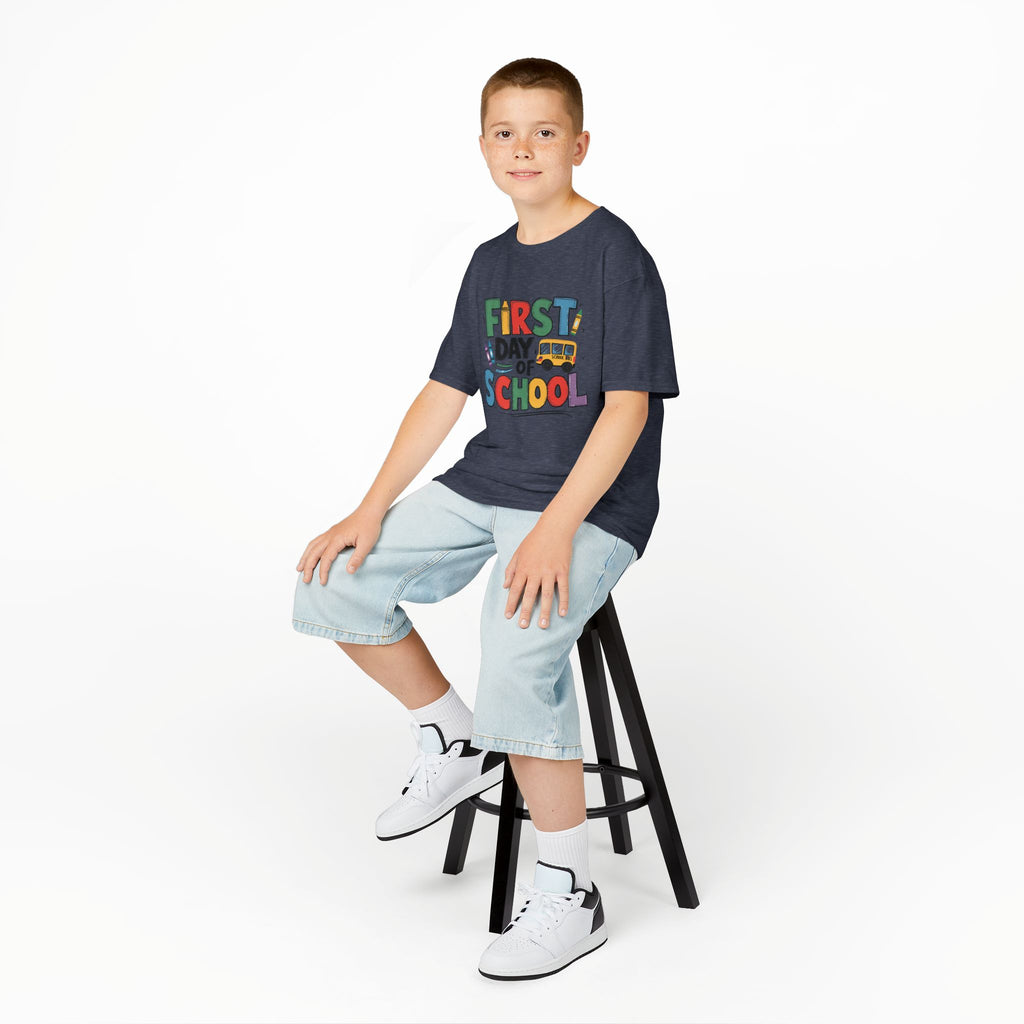 First Day of School Kids T-Shirt — Colorful Back-to-School Tee with School Bus Design