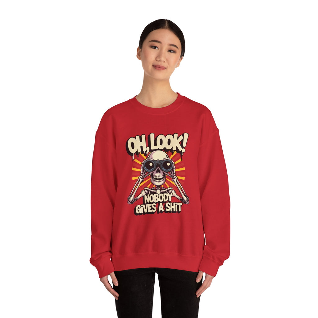 Crewneck Sweatshirt — 'Oh, Look! Nobody Gives a Shit' Skull Binoculars Graphic